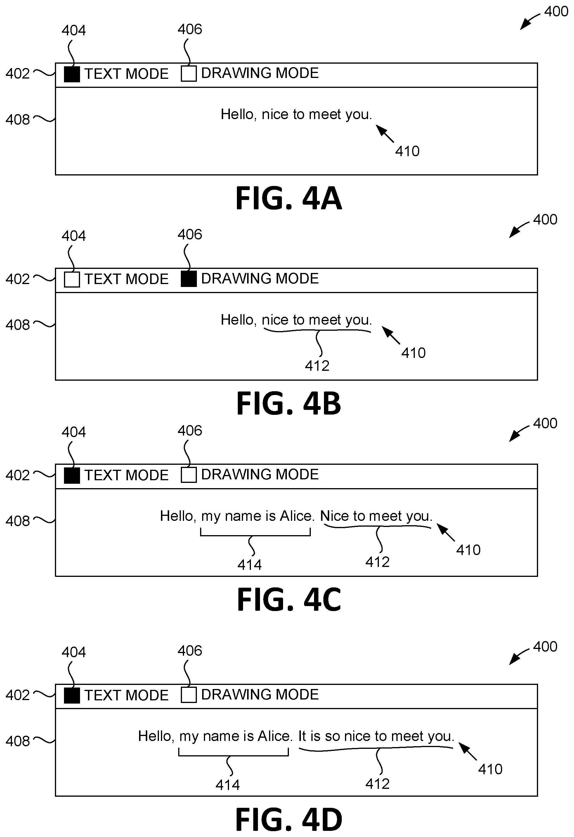 Patent US12417338 Figure 4 – Modifying the presentation of drawing objects based on associated content objects in an electronic document