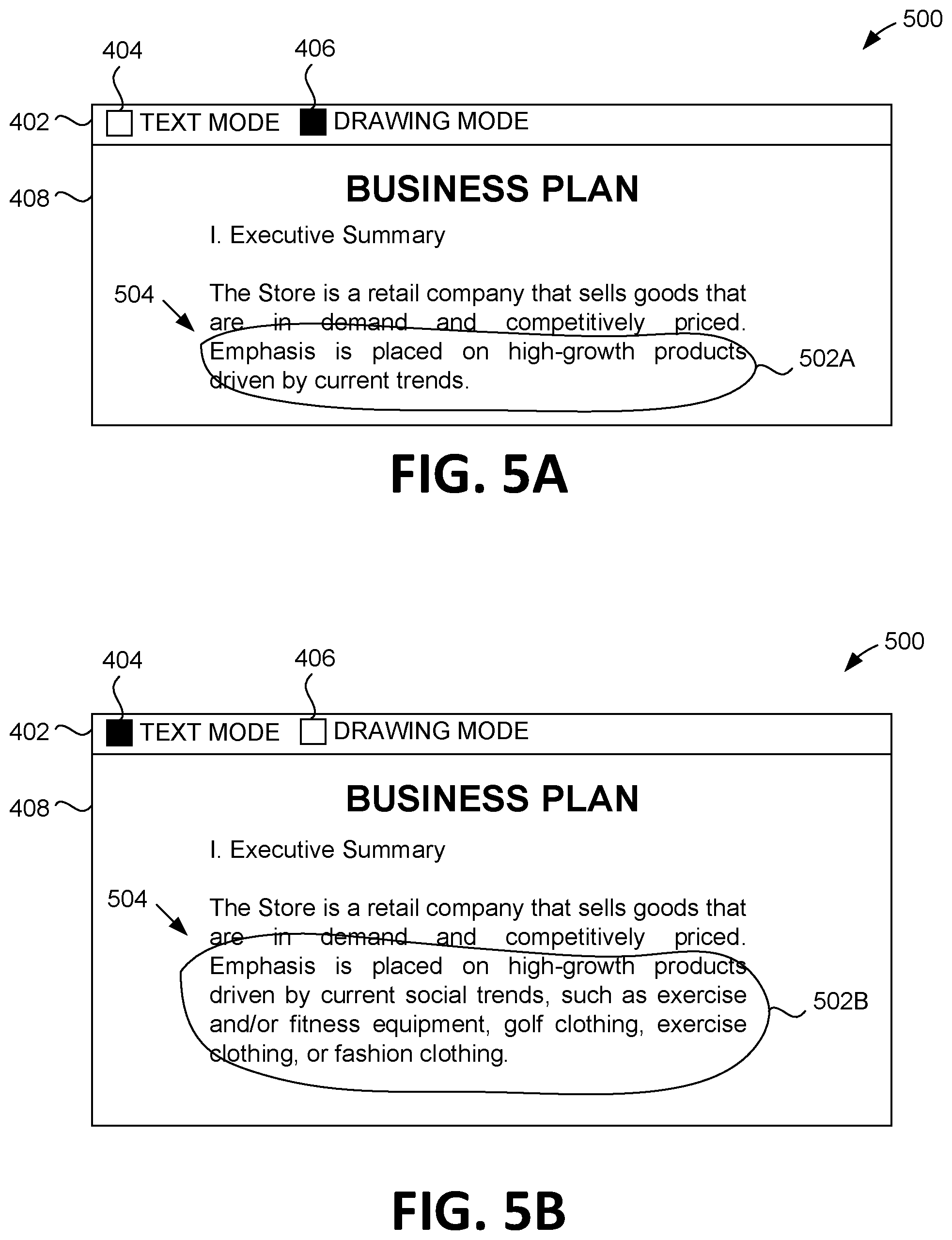 Patent US12417338 Figure 5 – Modifying the presentation of drawing objects based on associated content objects in an electronic document