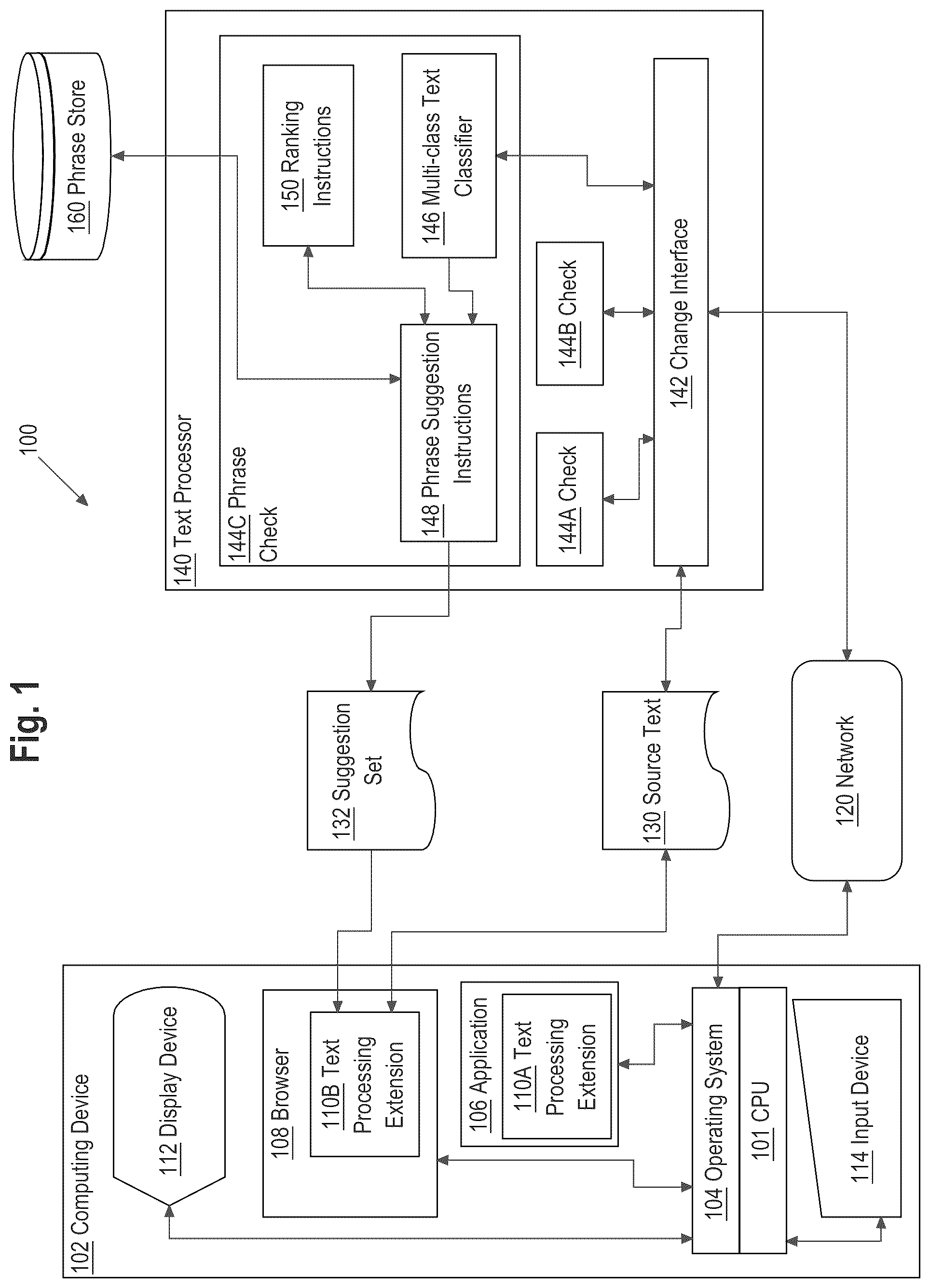 Patent US12417350 Figure 1 – Intent-based suggestion of added phrases in a text editor