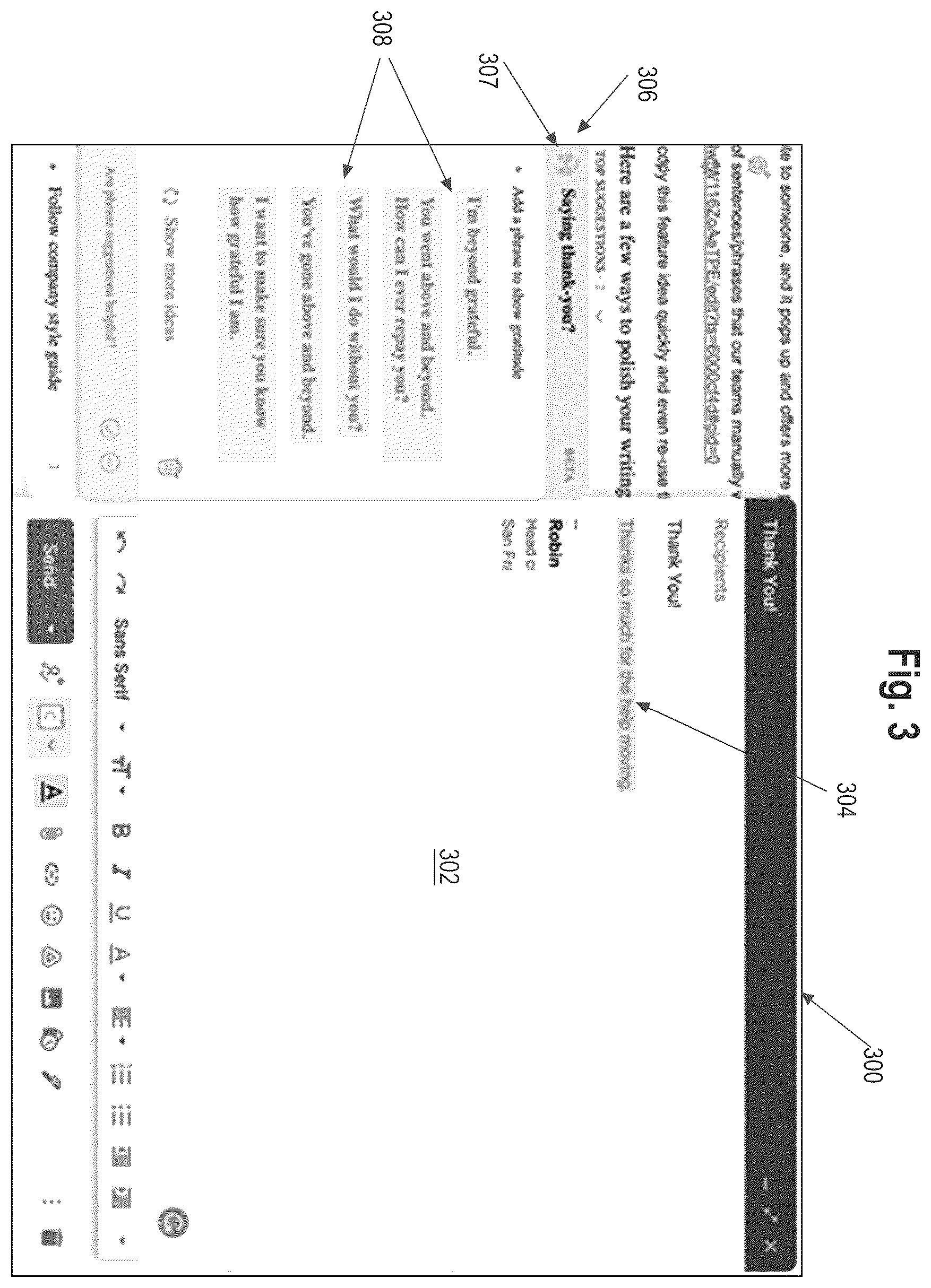 Patent US12417350 Figure 3 – Intent-based suggestion of added phrases in a text editor