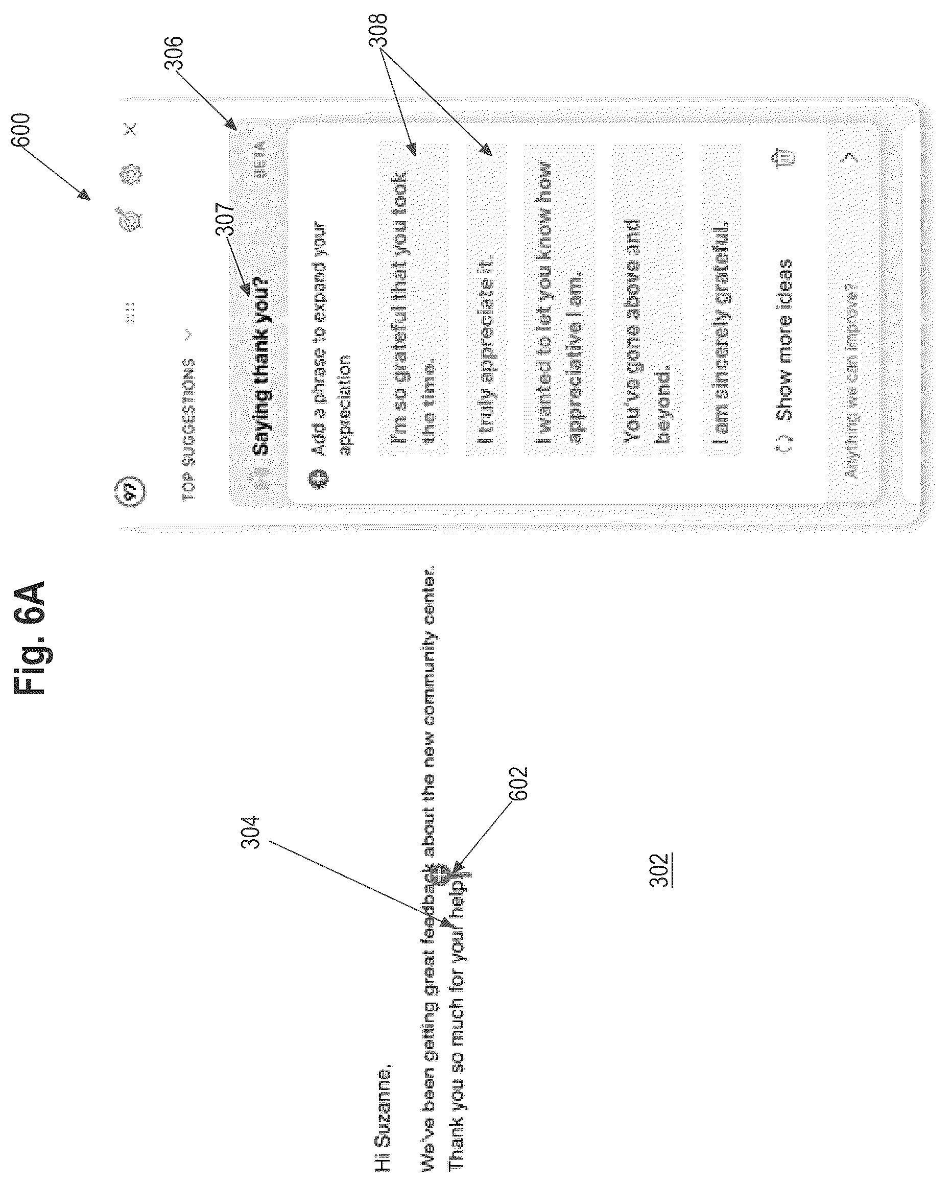 Patent US12417350 Figure 6 – Intent-based suggestion of added phrases in a text editor