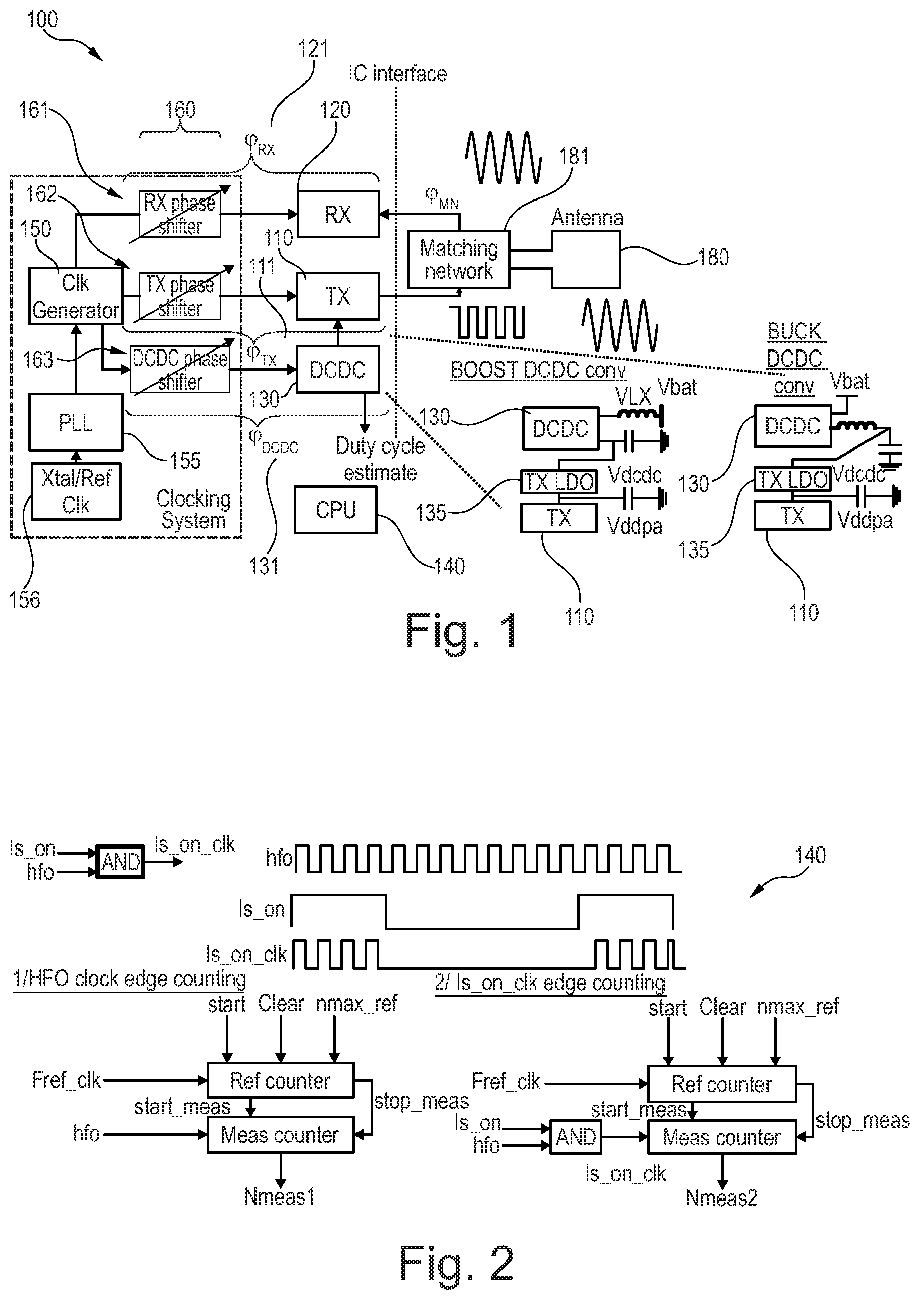 Patent US12417365 Figure 1 – Radio device with DC/DC converter and phase calibration