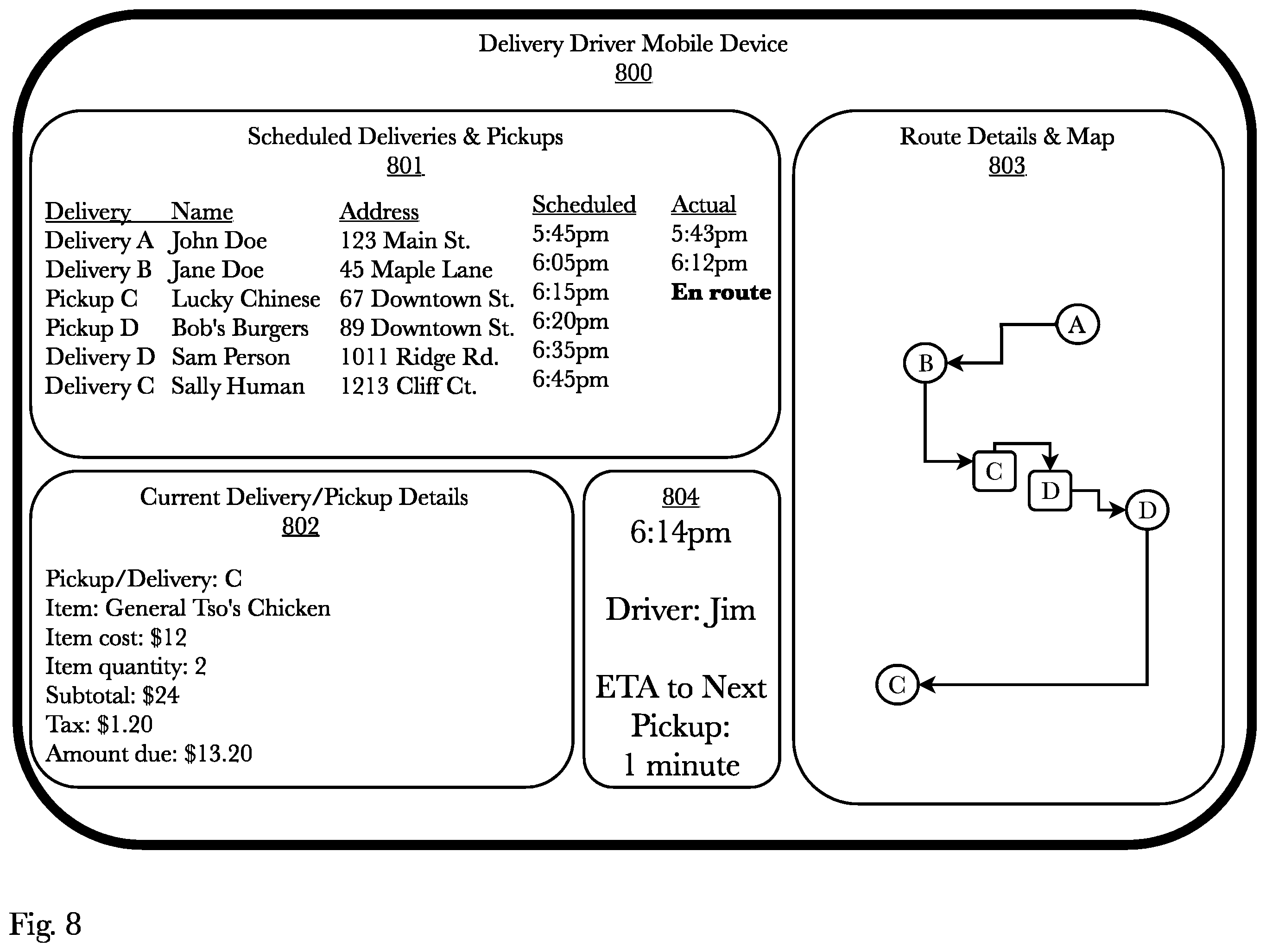 Patent US12417429 Figure 8 – En-route business selection, routing and order preparation timing system