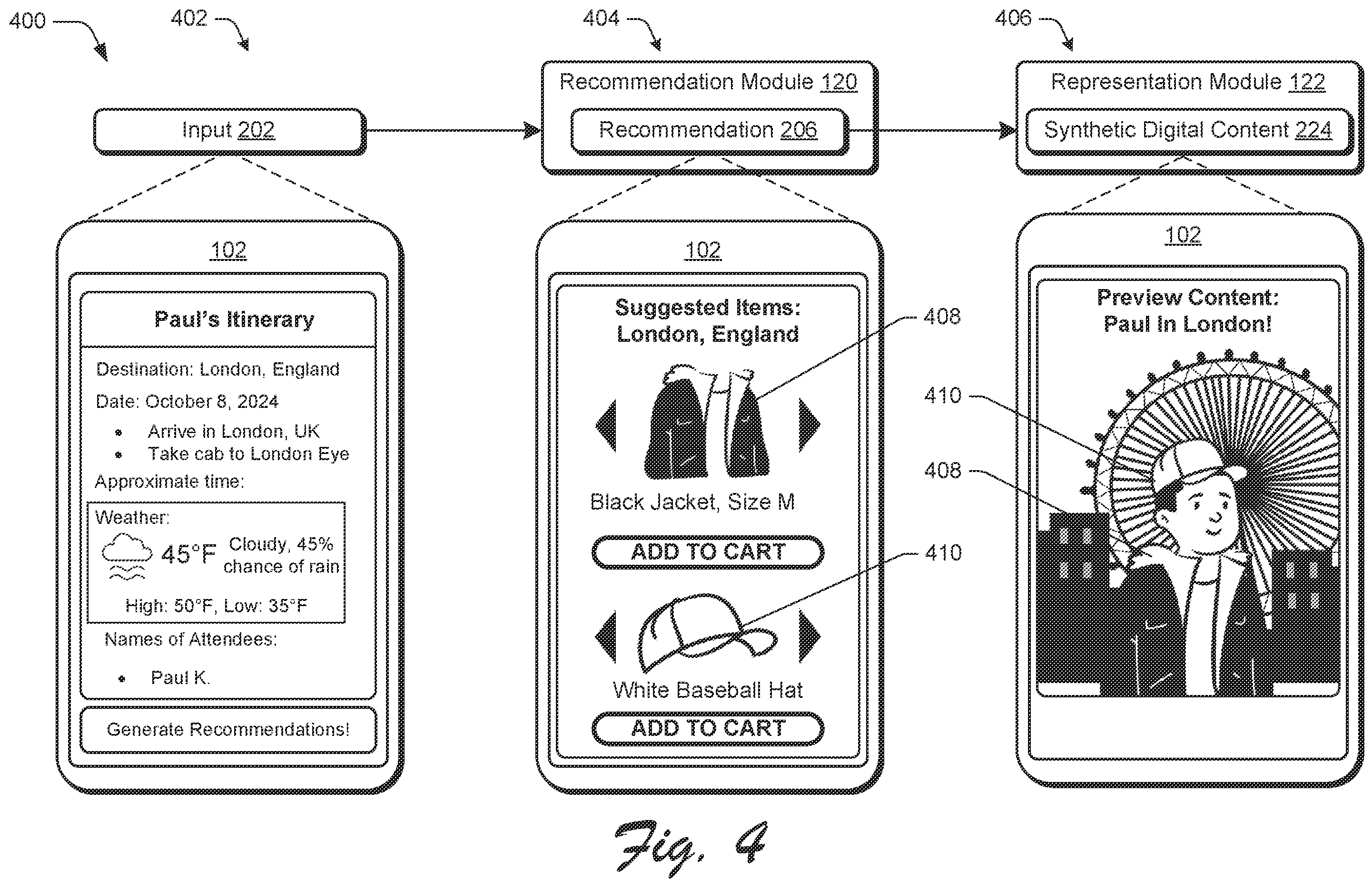 Patent US12417480 Figure 4 – Personalized product recommendations based on an itinerary