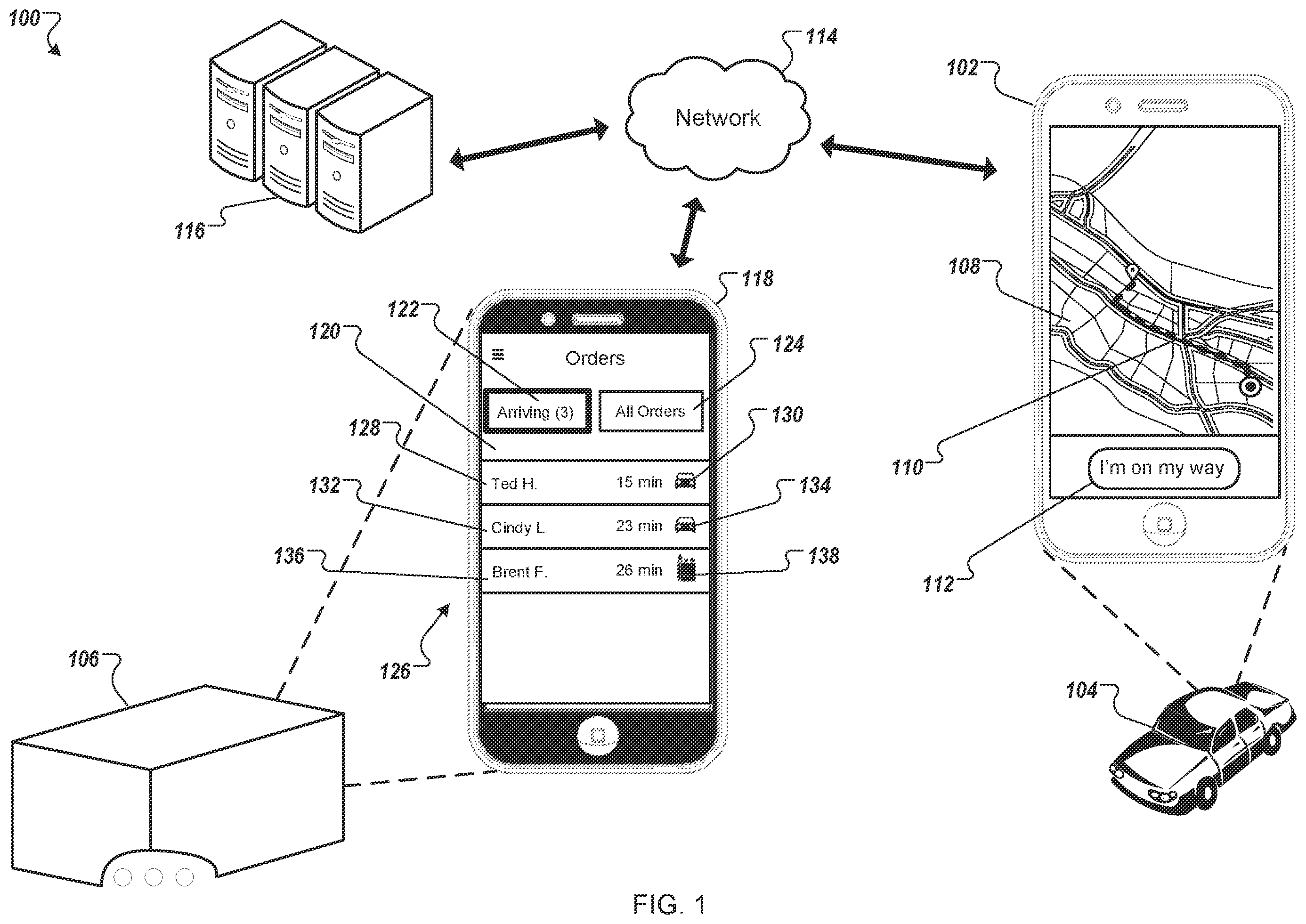Patent US12417485 Figure 1 – System for facilitating drive up order fulfillment