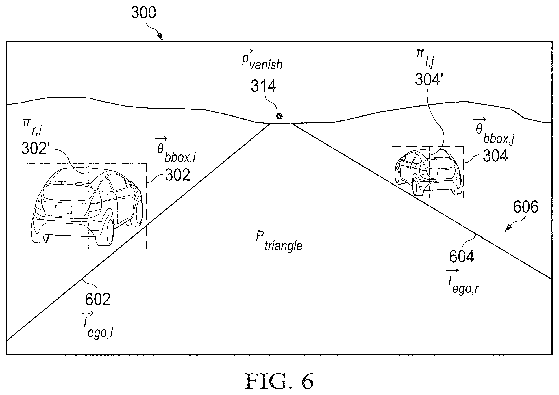 Patent US12417549 Figure 6 – Vanishing point determination, symmetry-based boundary refinement, and component detection for vehicle object detection or other applications