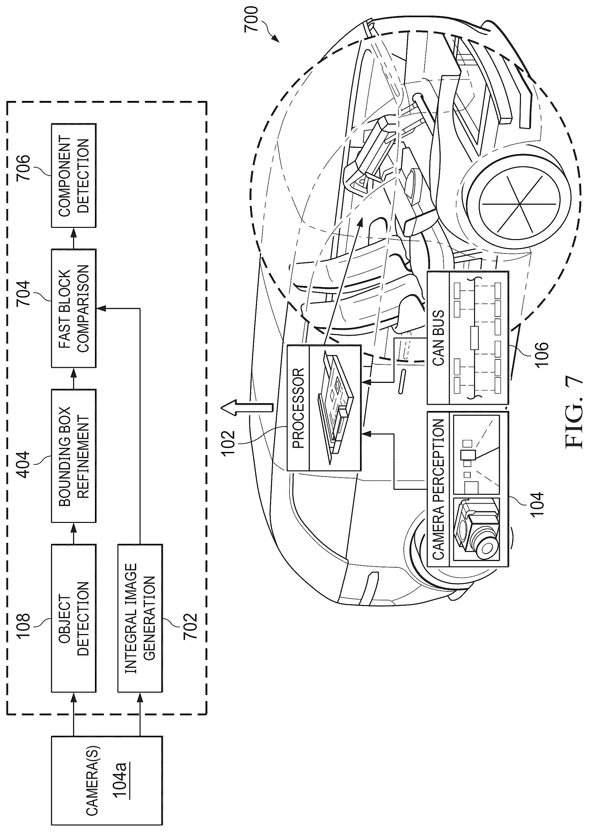Patent US12417549 Figure 7 – Vanishing point determination, symmetry-based boundary refinement, and component detection for vehicle object detection or other applications