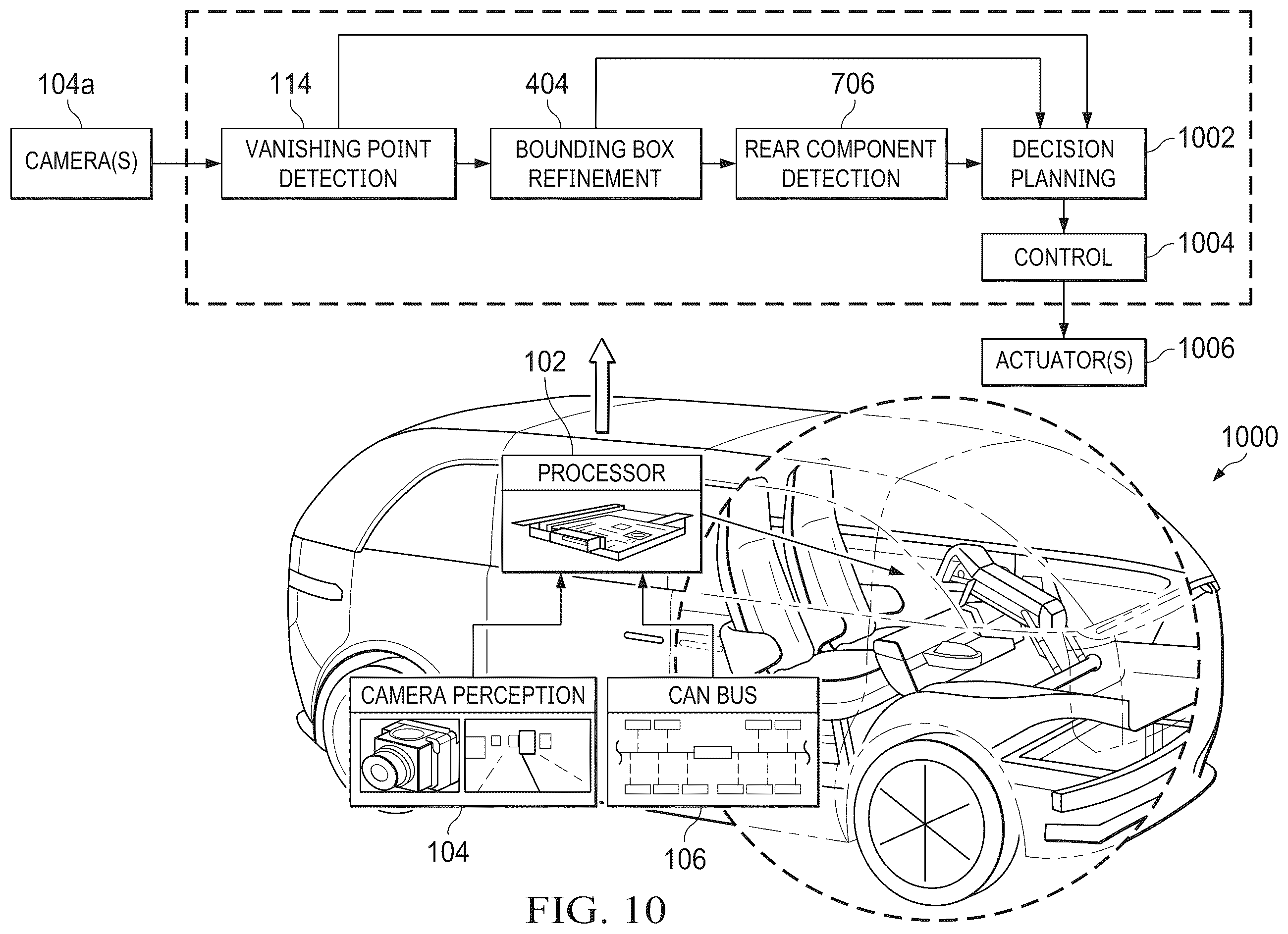 Patent US12417549 Figure 10 – Vanishing point determination, symmetry-based boundary refinement, and component detection for vehicle object detection or other applications