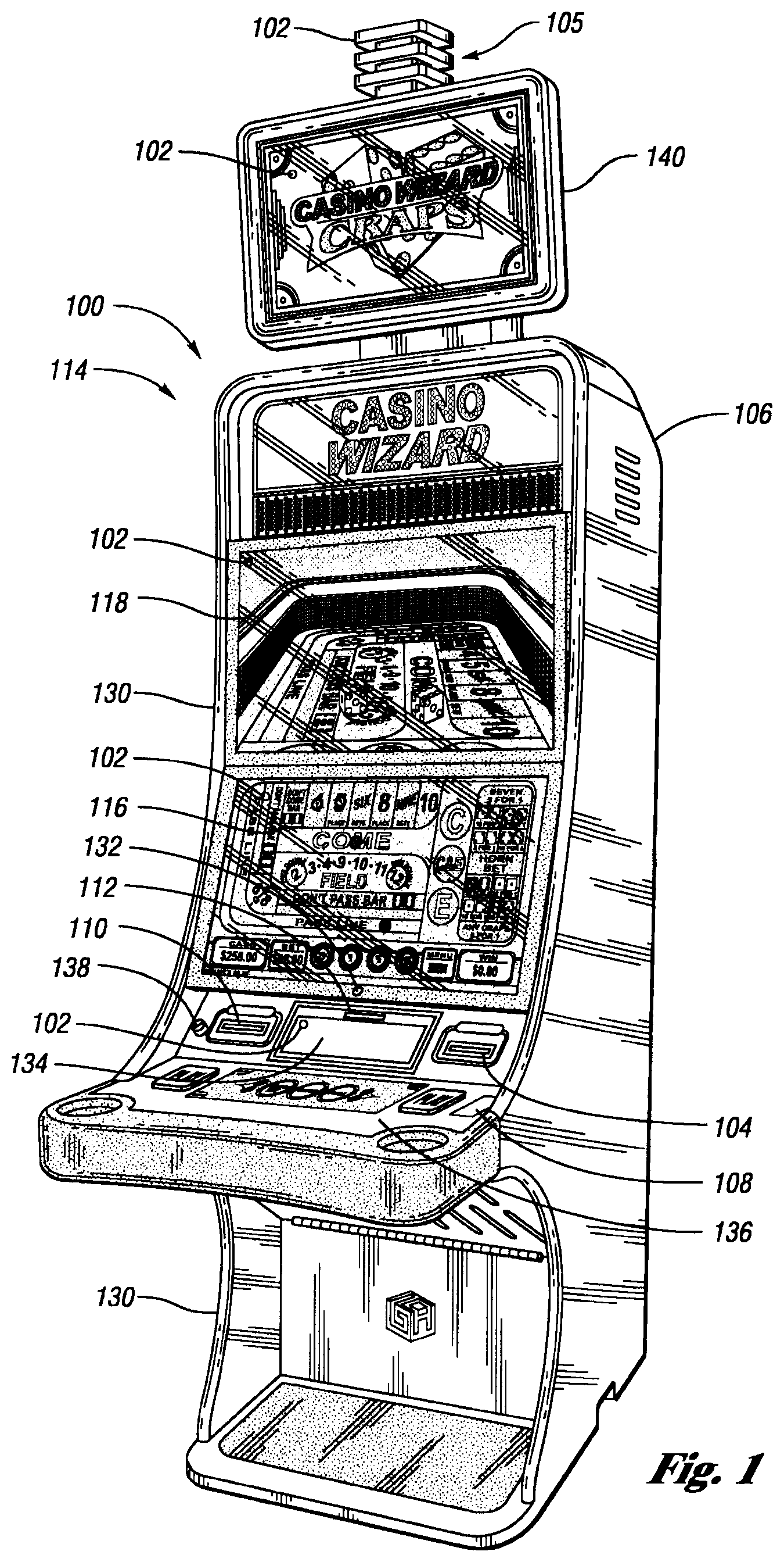 Patent US12417677 Figure 1 – Systems and methods for offering a plurality of electronic table games of chance on an electronic gaming machine including side bets to increase hold