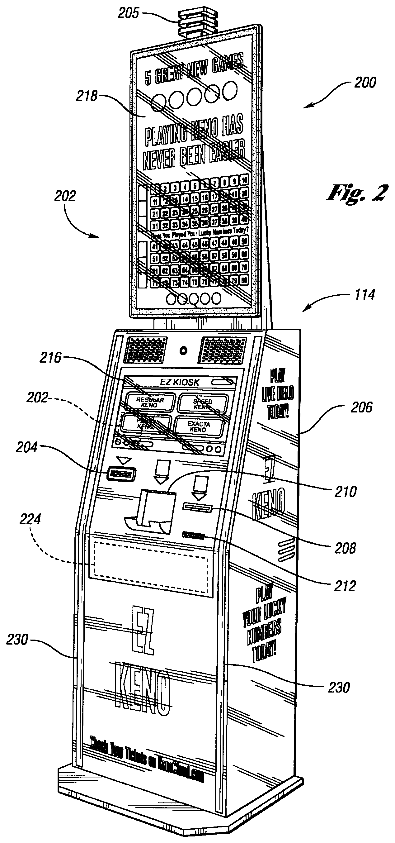 Patent US12417677 Figure 2 – Systems and methods for offering a plurality of electronic table games of chance on an electronic gaming machine including side bets to increase hold
