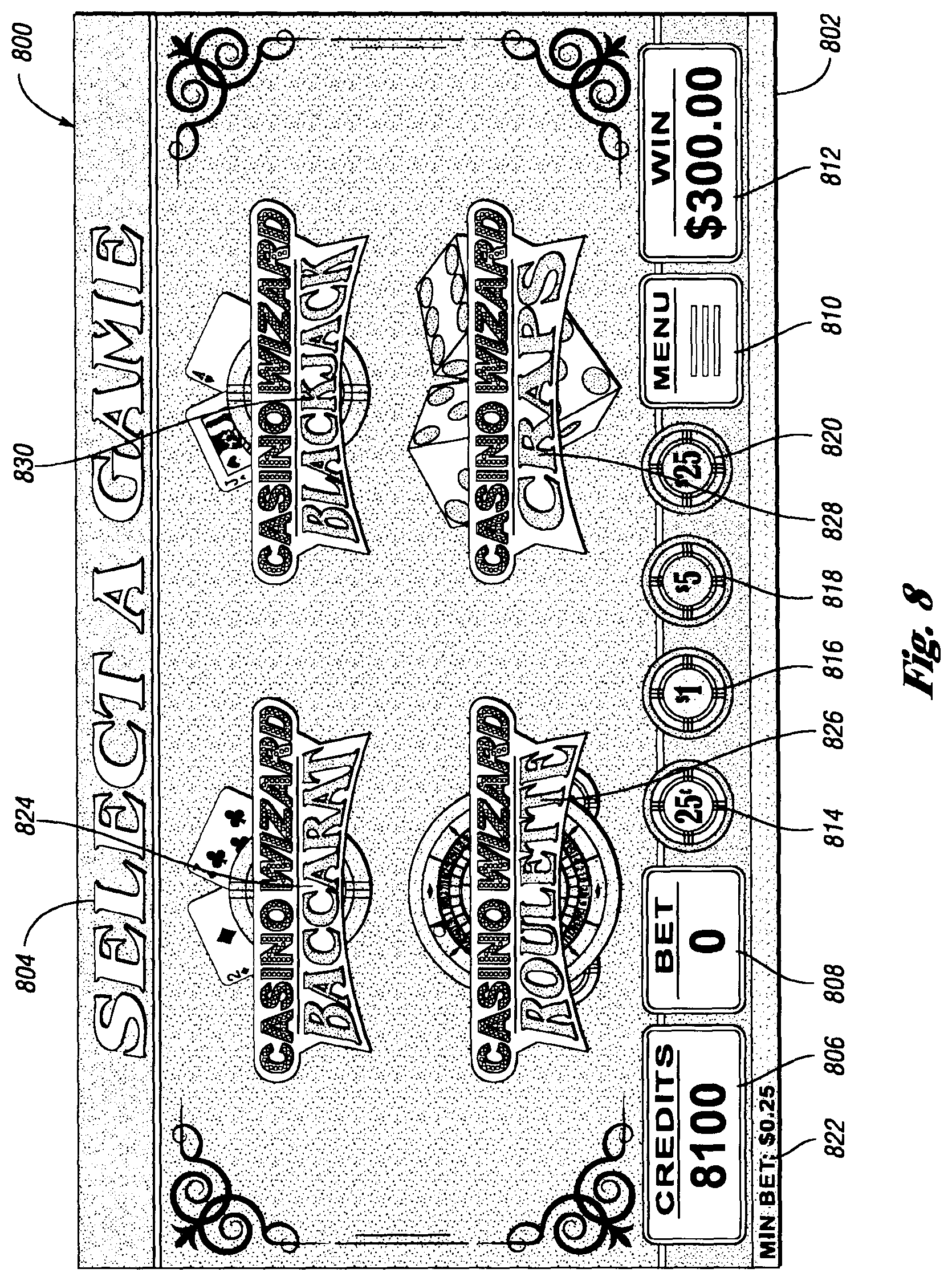 Patent US12417677 Figure 8 – Systems and methods for offering a plurality of electronic table games of chance on an electronic gaming machine including side bets to increase hold