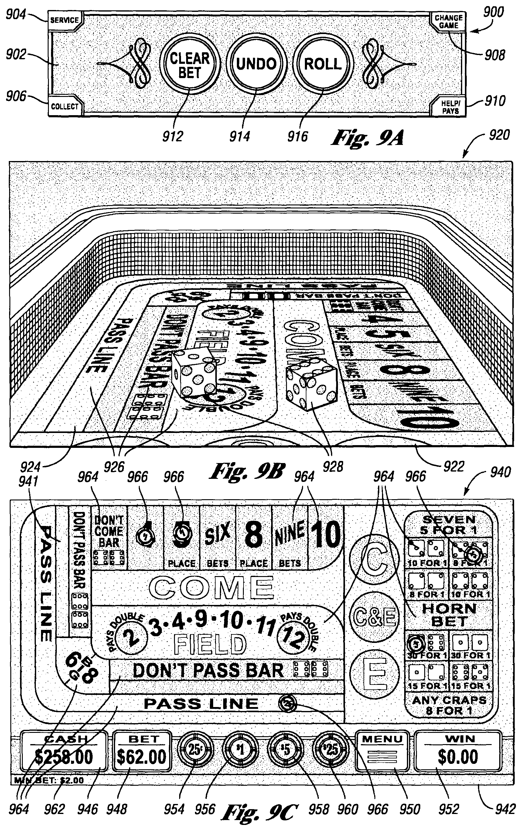Patent US12417677 Figure 9 – Systems and methods for offering a plurality of electronic table games of chance on an electronic gaming machine including side bets to increase hold