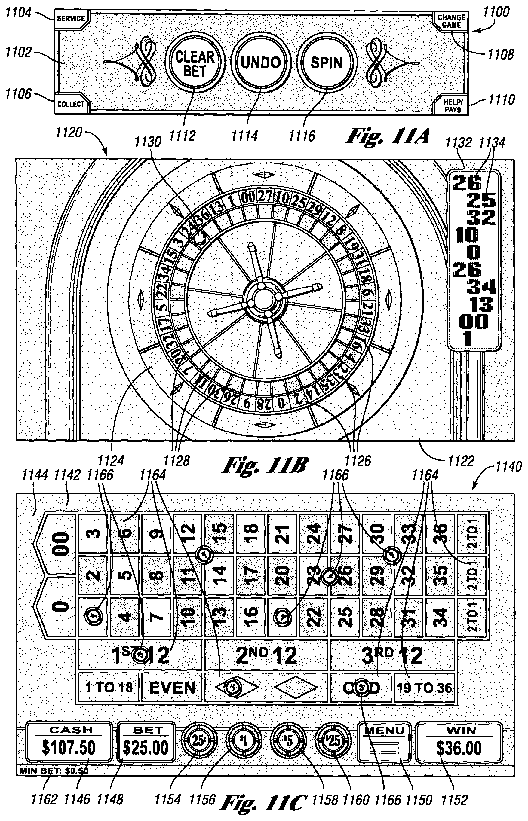 Patent US12417677 Figure 11 – Systems and methods for offering a plurality of electronic table games of chance on an electronic gaming machine including side bets to increase hold