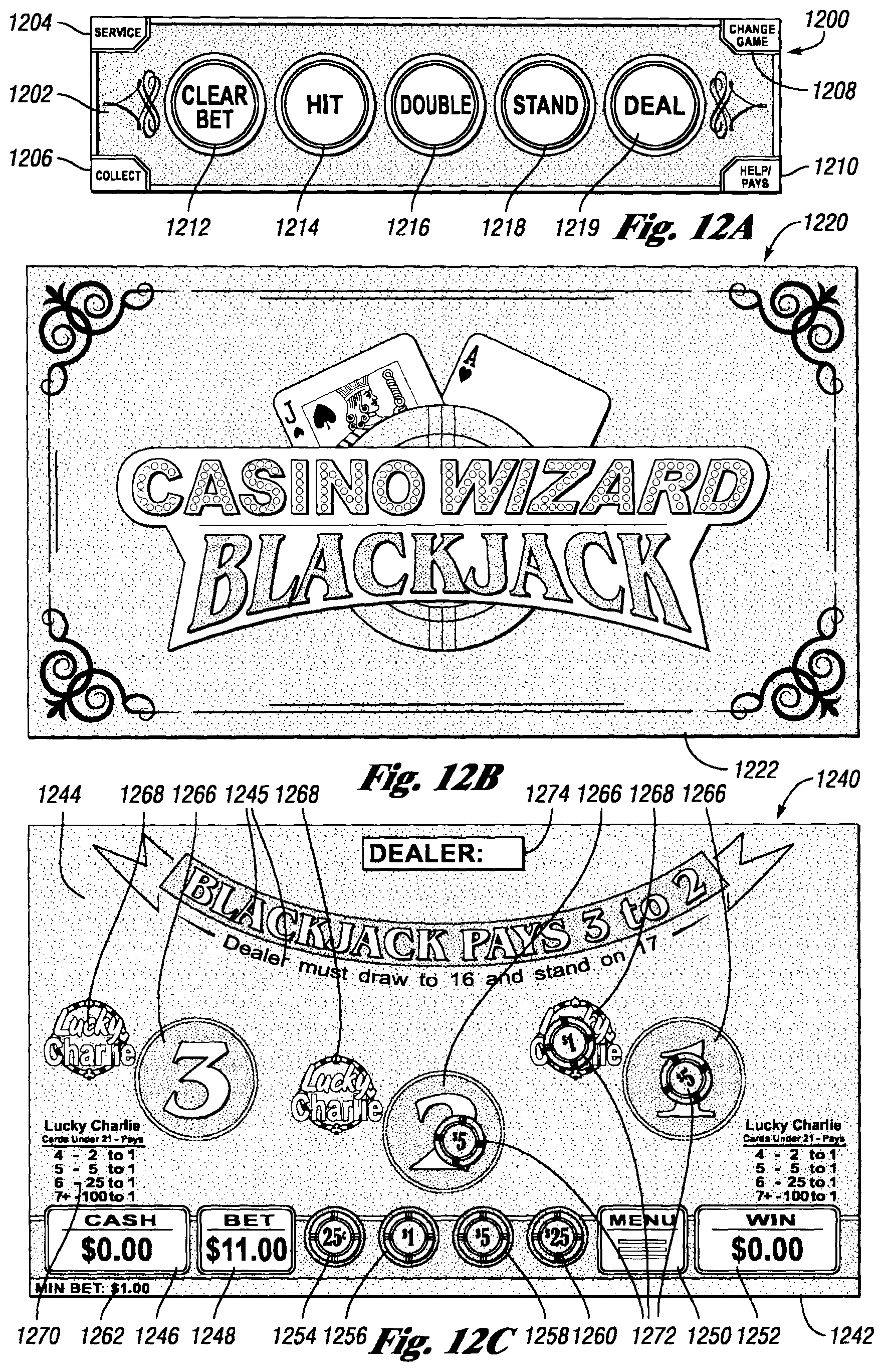 Patent US12417677 Figure 12 – Systems and methods for offering a plurality of electronic table games of chance on an electronic gaming machine including side bets to increase hold