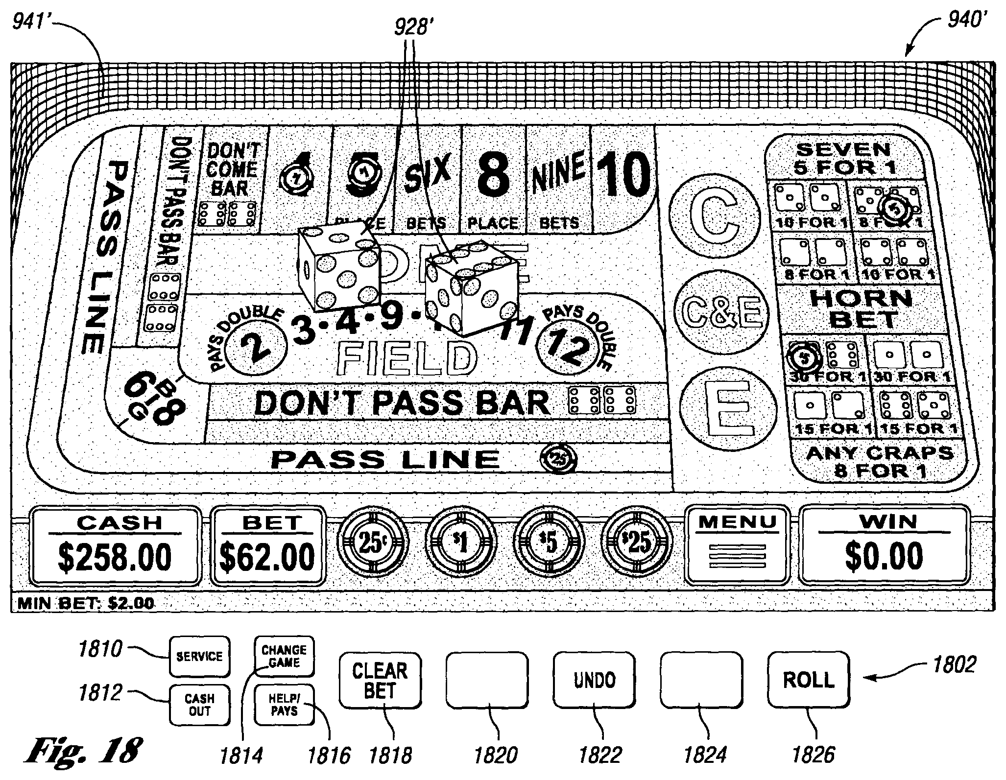 Patent US12417677 Figure 18 – Systems and methods for offering a plurality of electronic table games of chance on an electronic gaming machine including side bets to increase hold