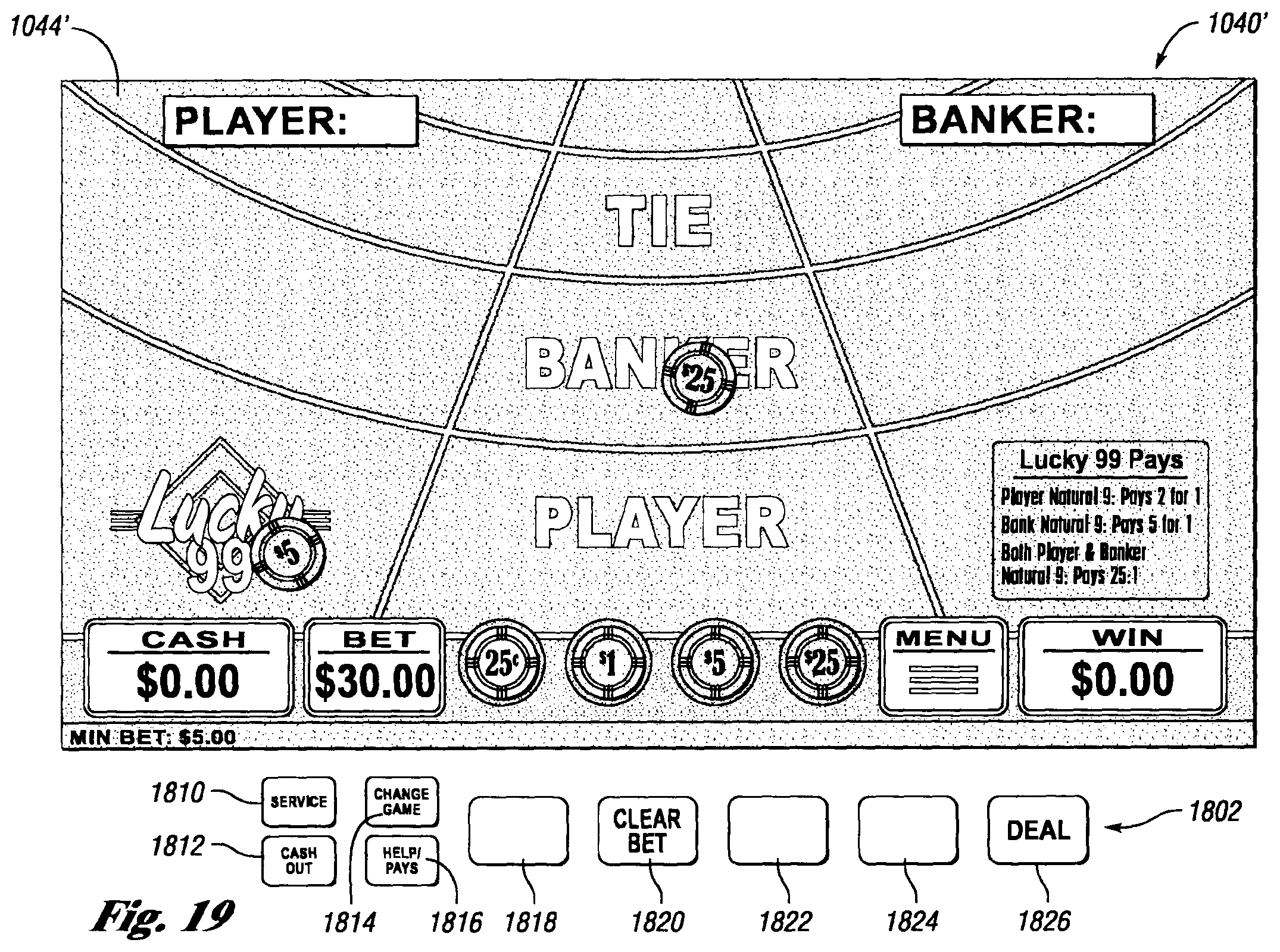 Patent US12417677 Figure 19 – Systems and methods for offering a plurality of electronic table games of chance on an electronic gaming machine including side bets to increase hold