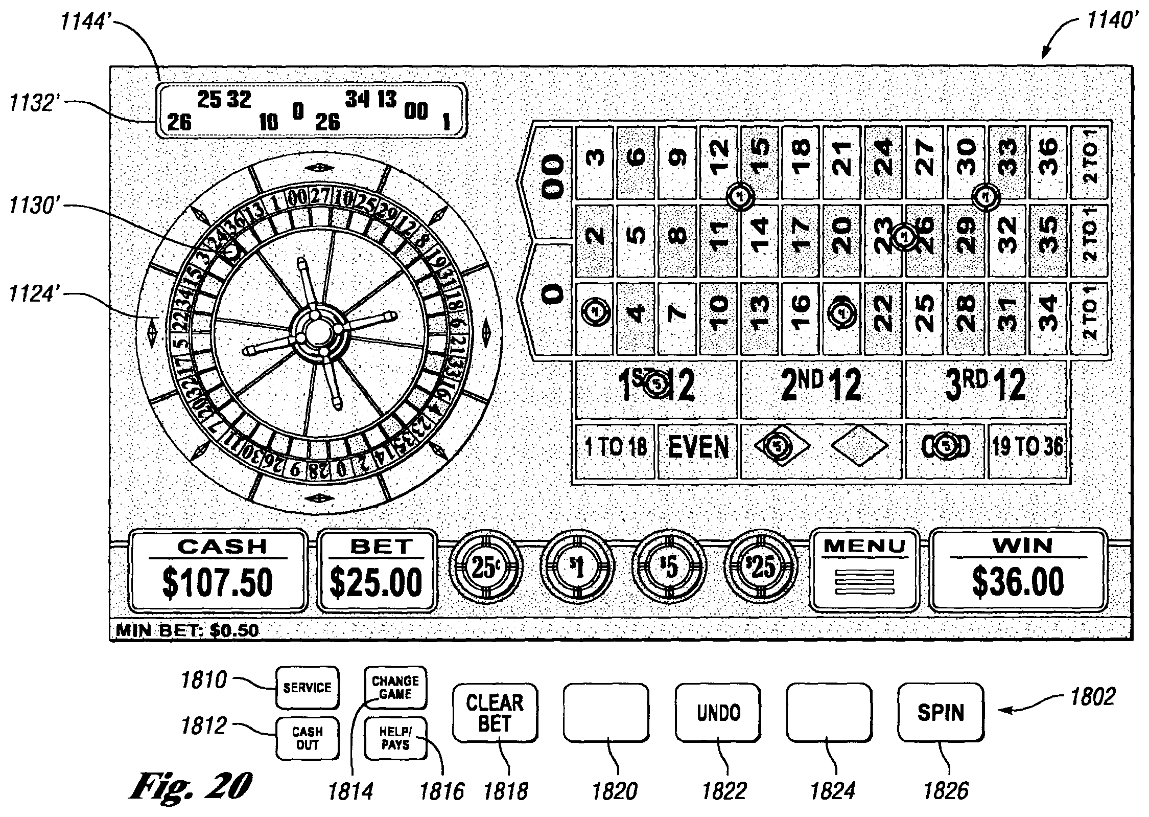 Patent US12417677 Figure 20 – Systems and methods for offering a plurality of electronic table games of chance on an electronic gaming machine including side bets to increase hold