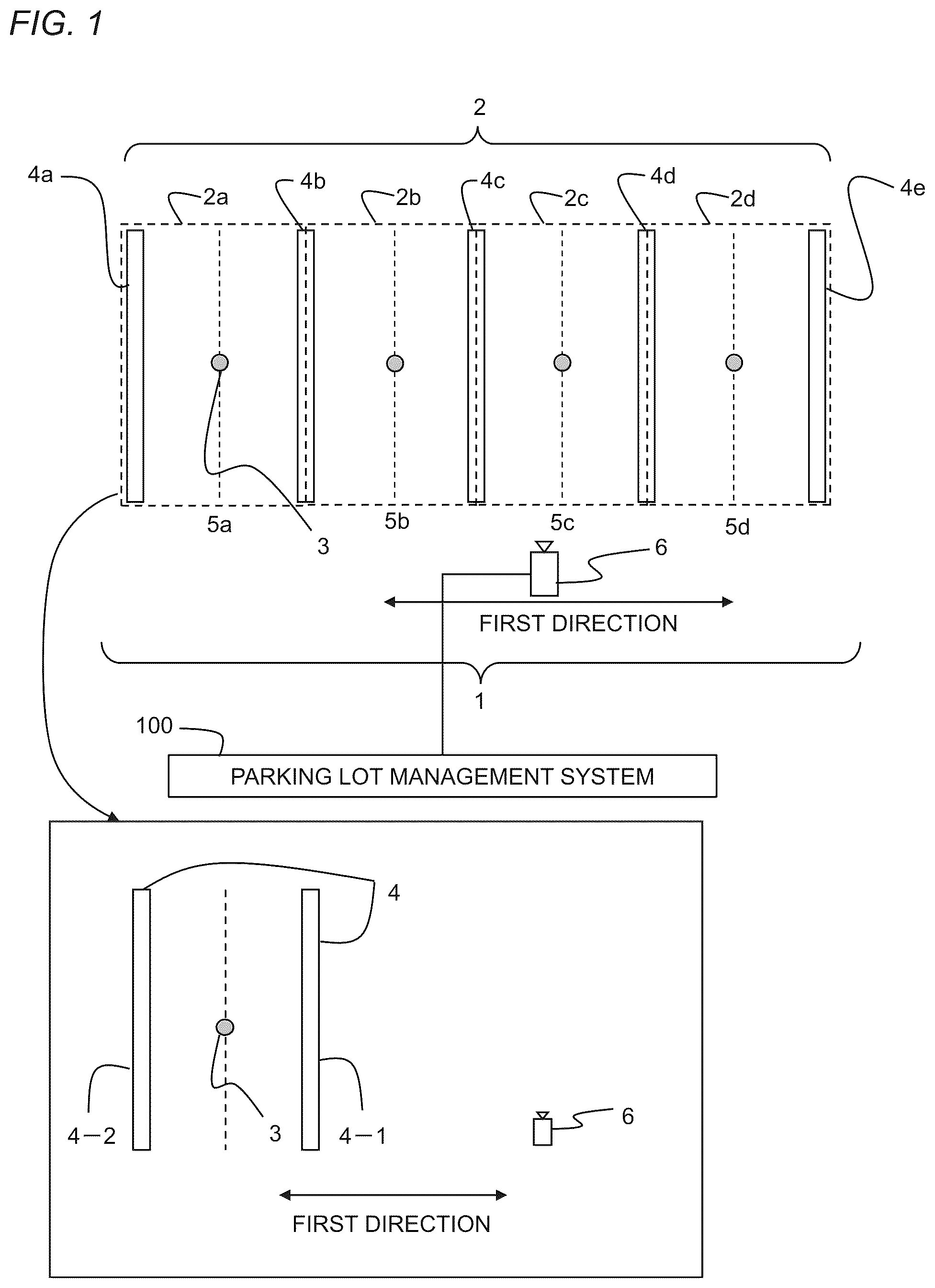 Patent US12417704 Figure 1 – Parking lot, parking lot management system, and parking lot management method that determines a usage status of each of a plurality of parking spaces