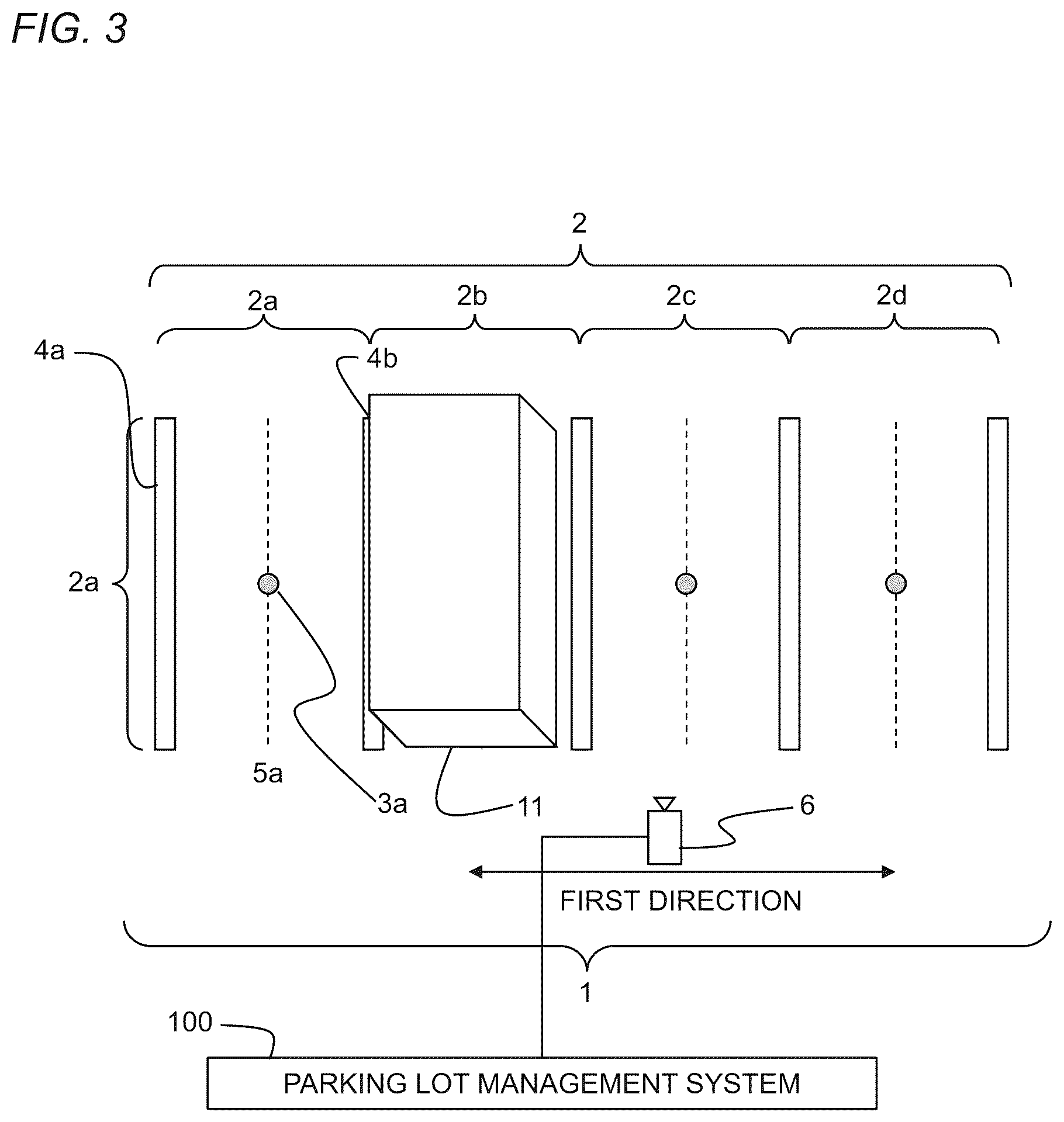 Patent US12417704 Figure 3 – Parking lot, parking lot management system, and parking lot management method that determines a usage status of each of a plurality of parking spaces