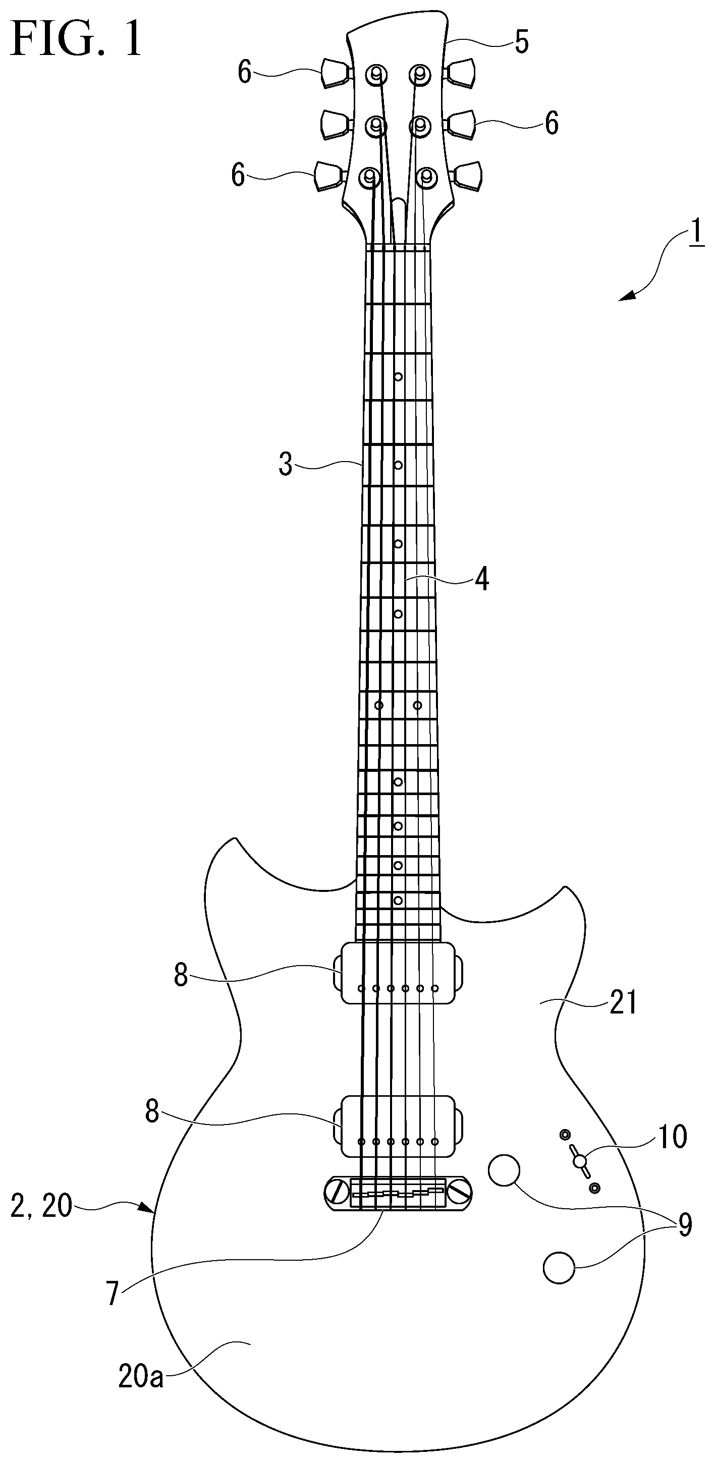 Patent US12417754 Figure 1 – Electric guitar body-structure and electric guitar