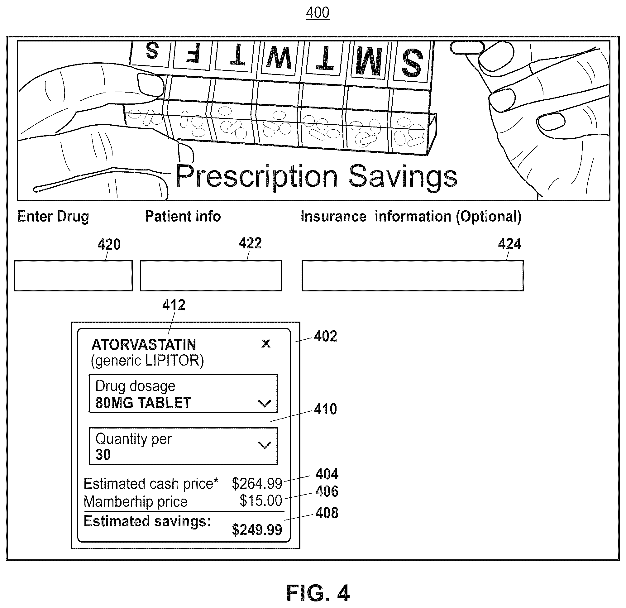 Patent US12417829 Figure 4 – User interface for providing drug pricing information