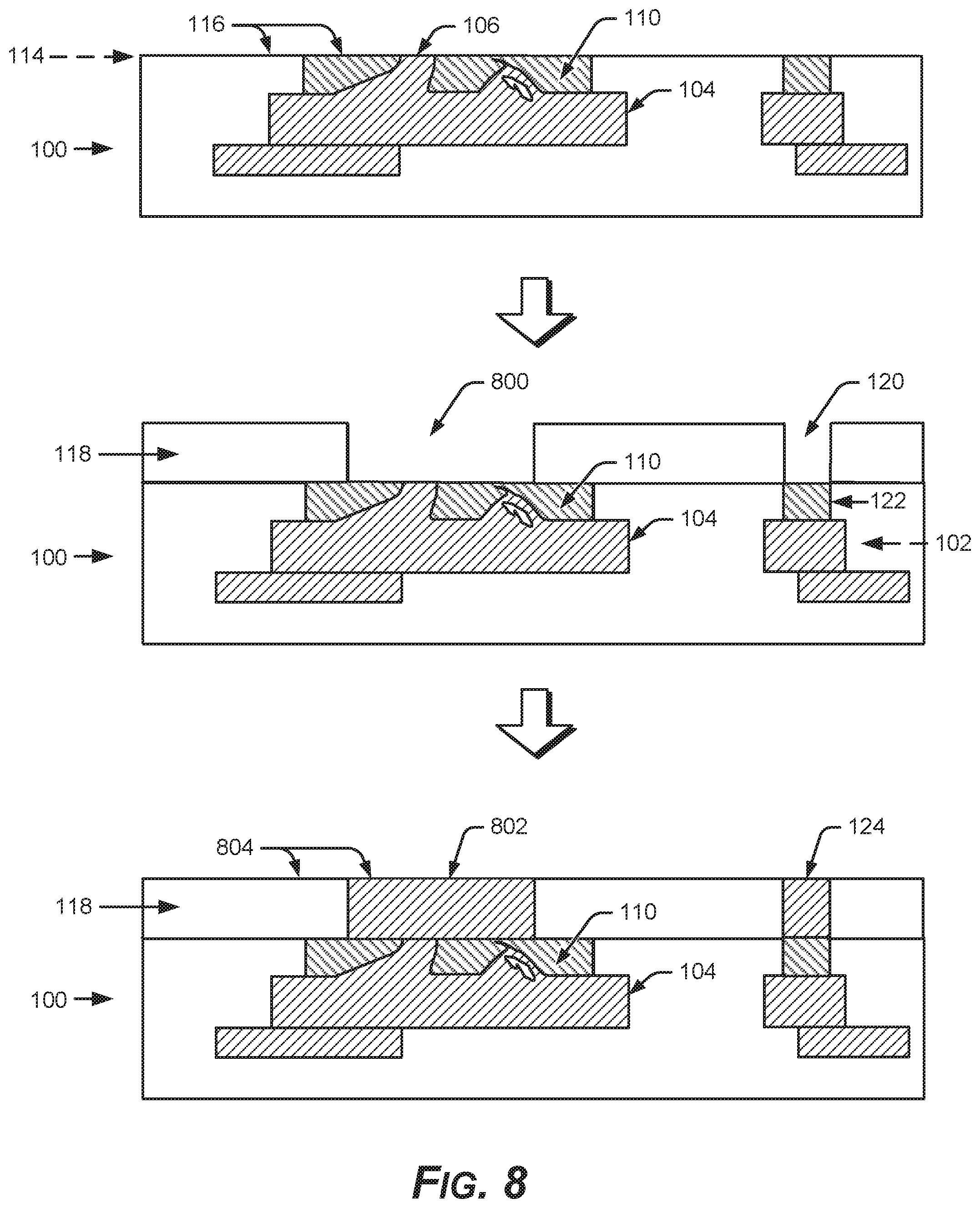 Patent US12417950 Figure 8 – Mitigating surface damage of probe pads in preparation for direct bonding of a substrate