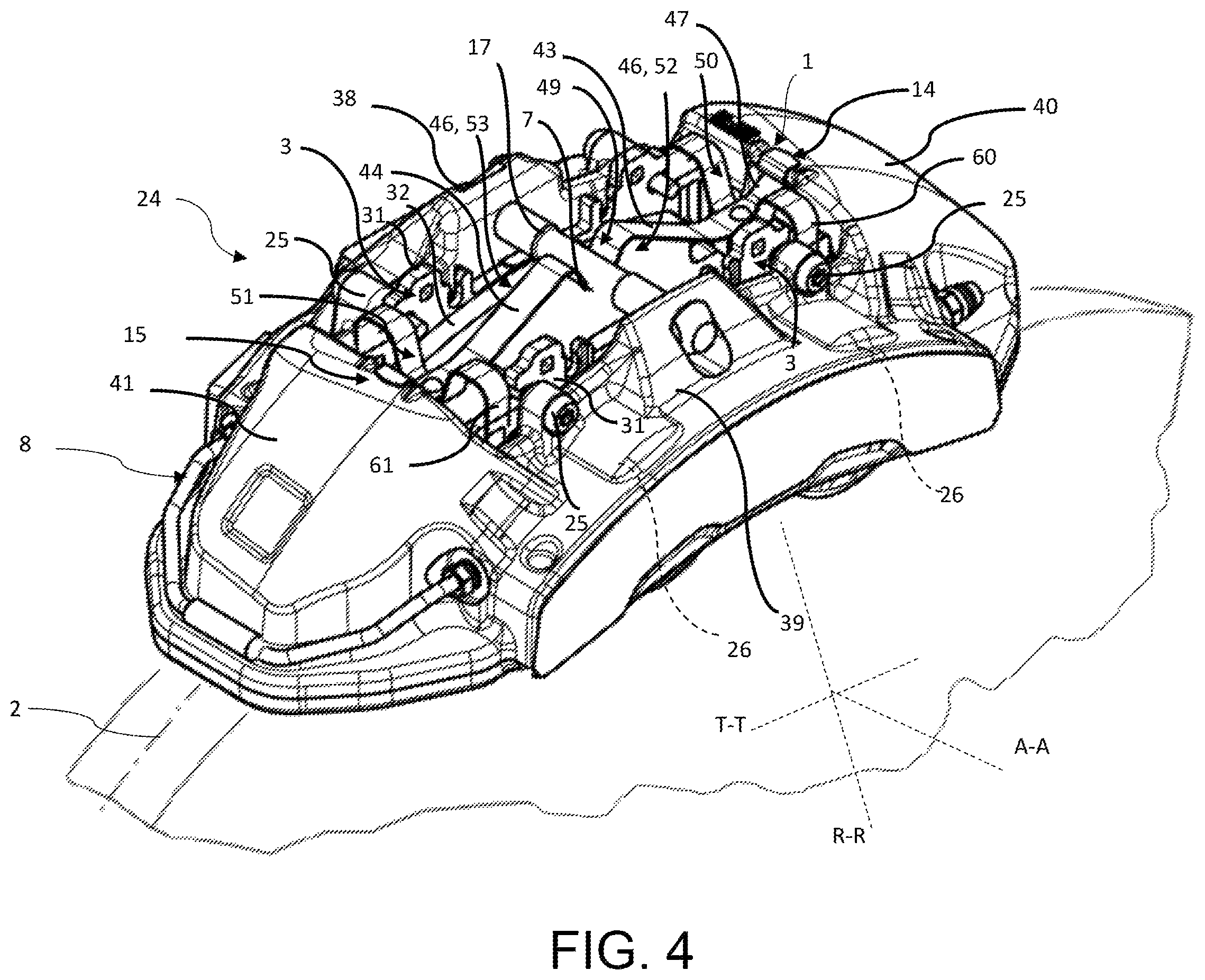 Patent US12422007 Figure 4 – Spring, spring assembly and brake pad, caliper body assembly