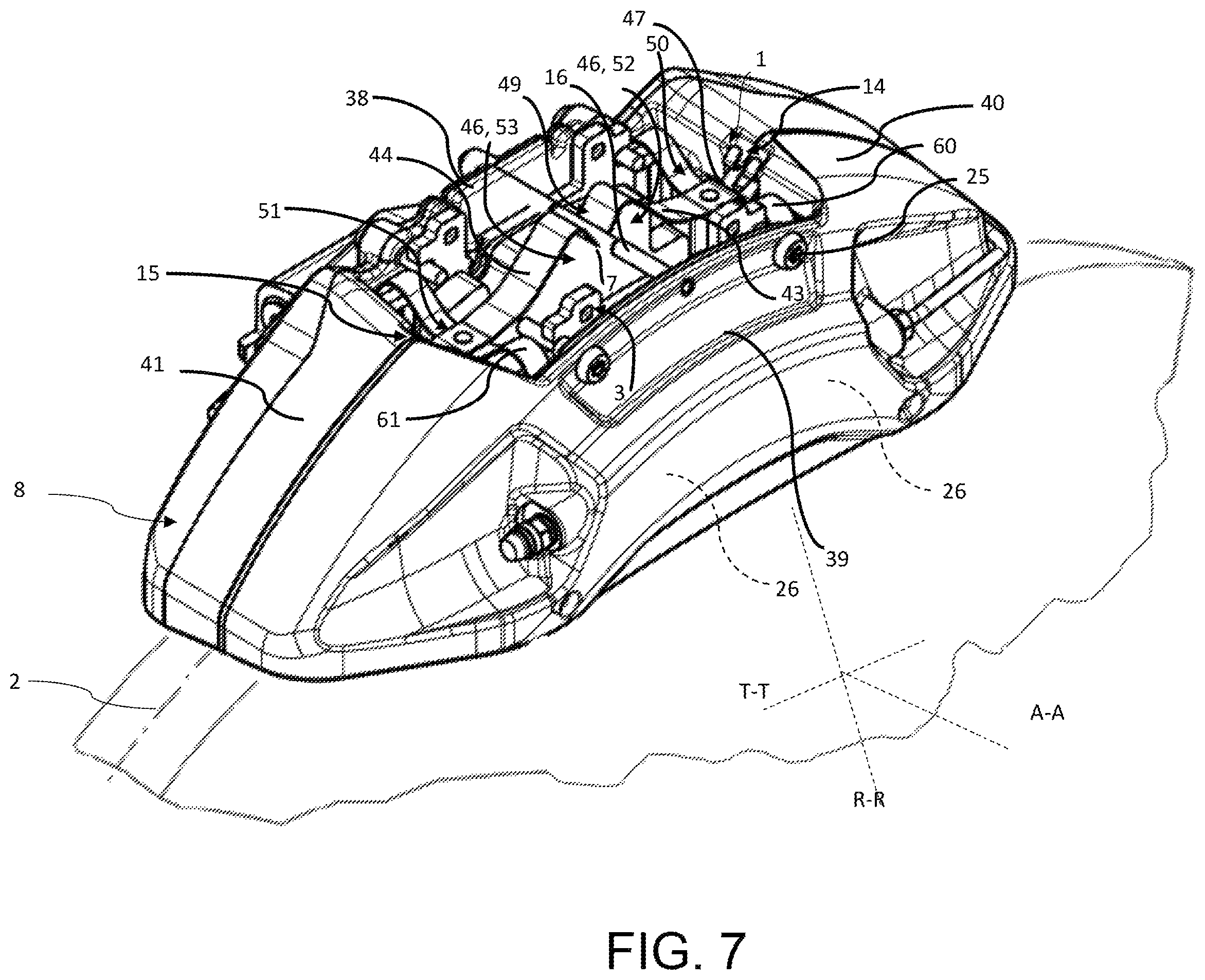 Patent US12422007 Figure 7 – Spring, spring assembly and brake pad, caliper body assembly