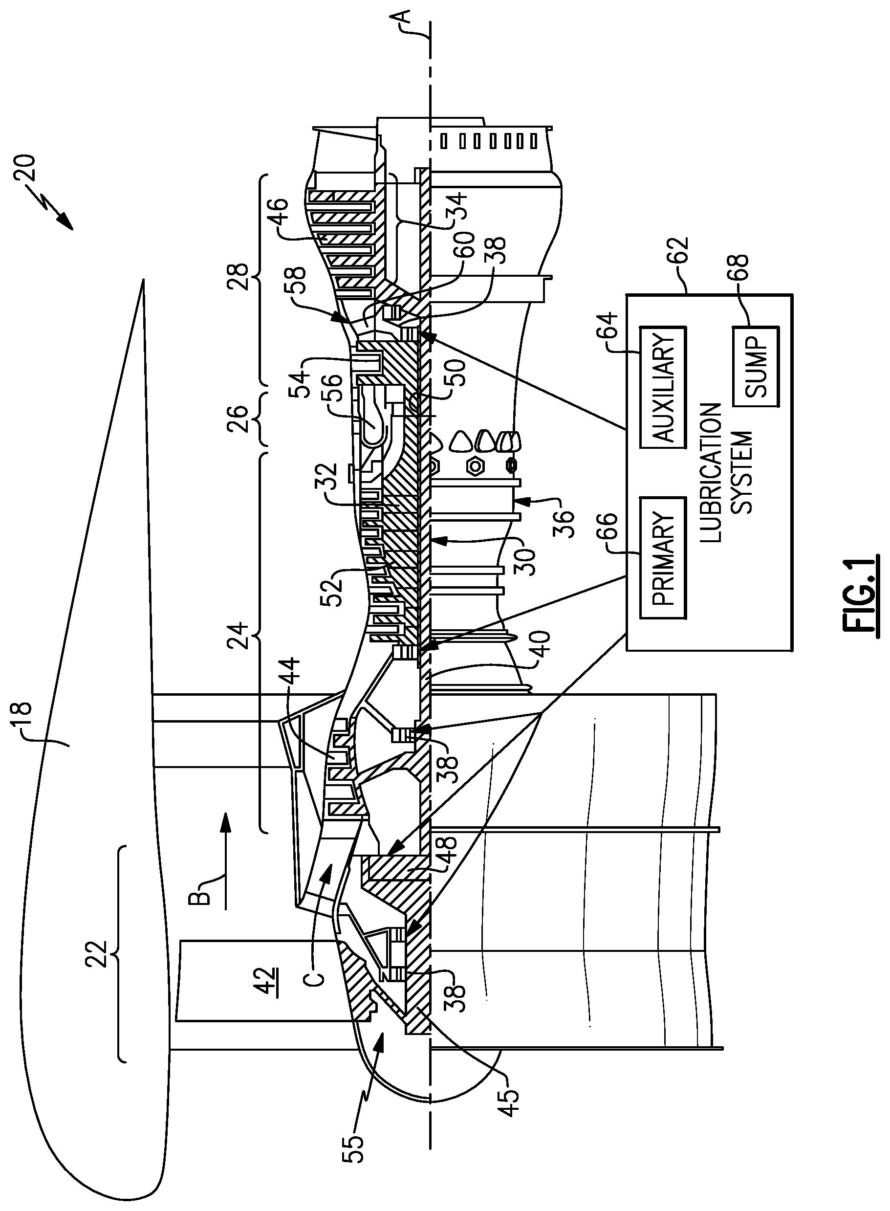 Patent US12422038 Figure 1 – Geared architecture gas turbine engine with planetary gear oil scavenge