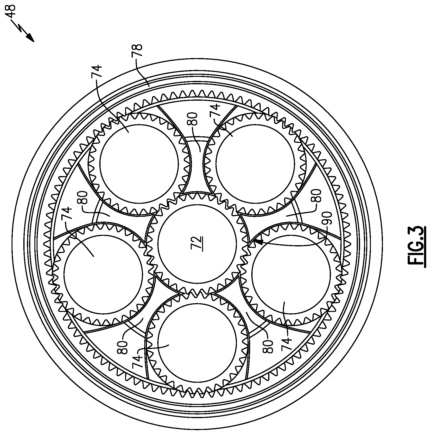 Patent US12422038 Figure 3 – Geared architecture gas turbine engine with planetary gear oil scavenge