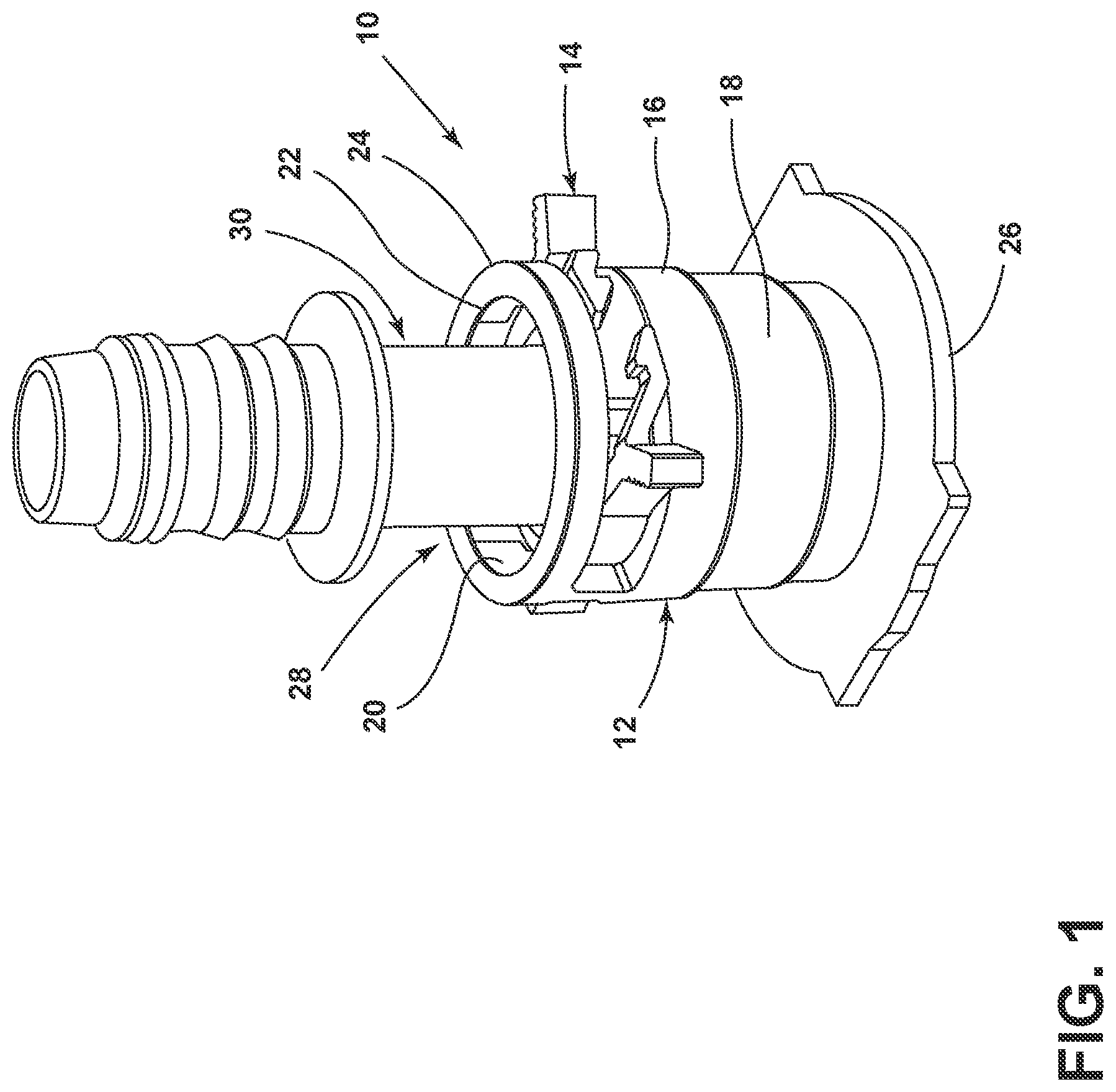 Patent US12422072 Figure 1 – Quick-connect clip assembly for an evaporative emissions canister port