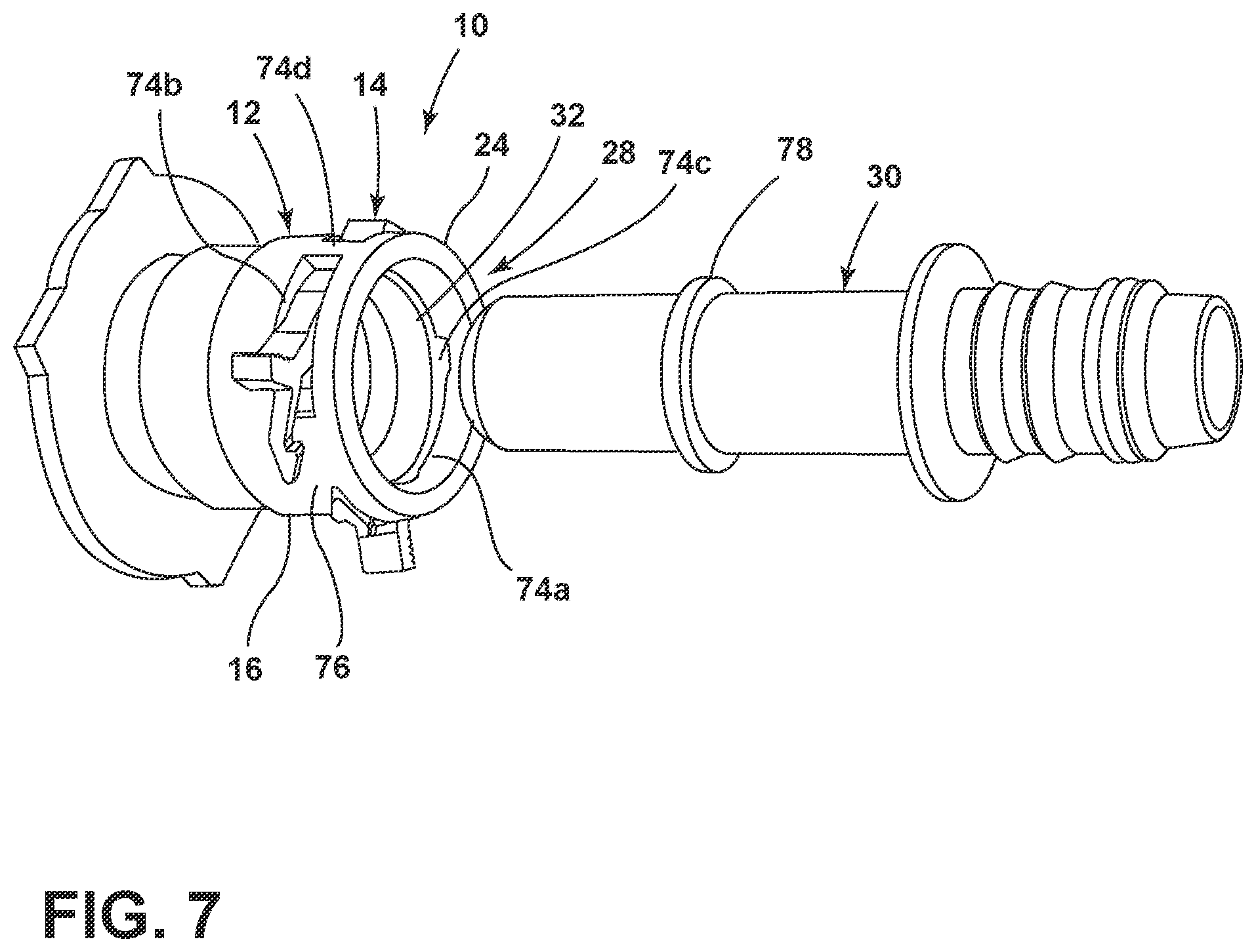 Patent US12422072 Figure 7 – Quick-connect clip assembly for an evaporative emissions canister port