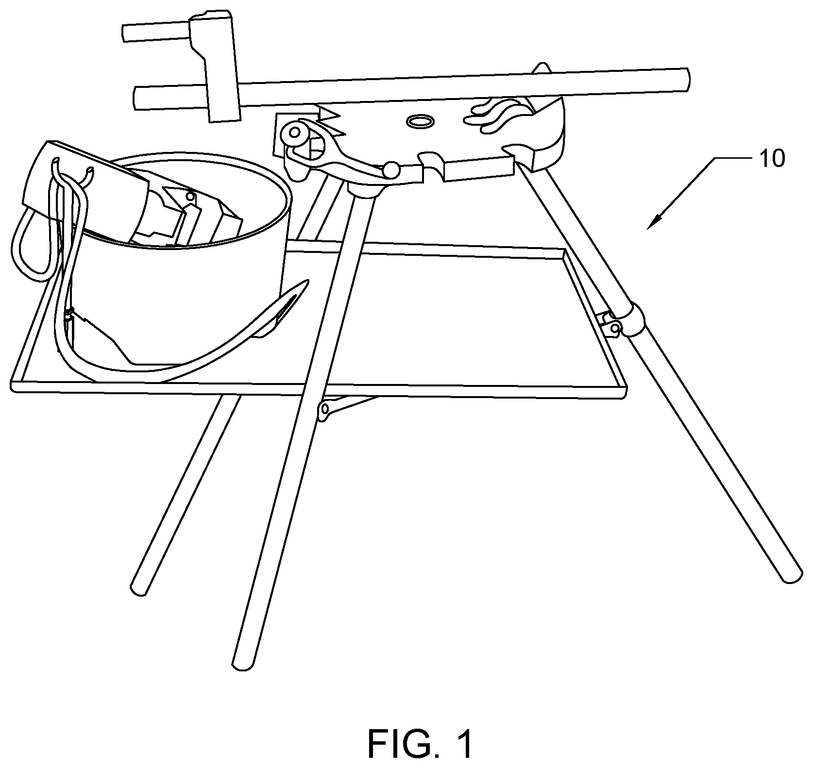 Patent US12422095 Figure 1 – Suspended oil drip pan for a tool