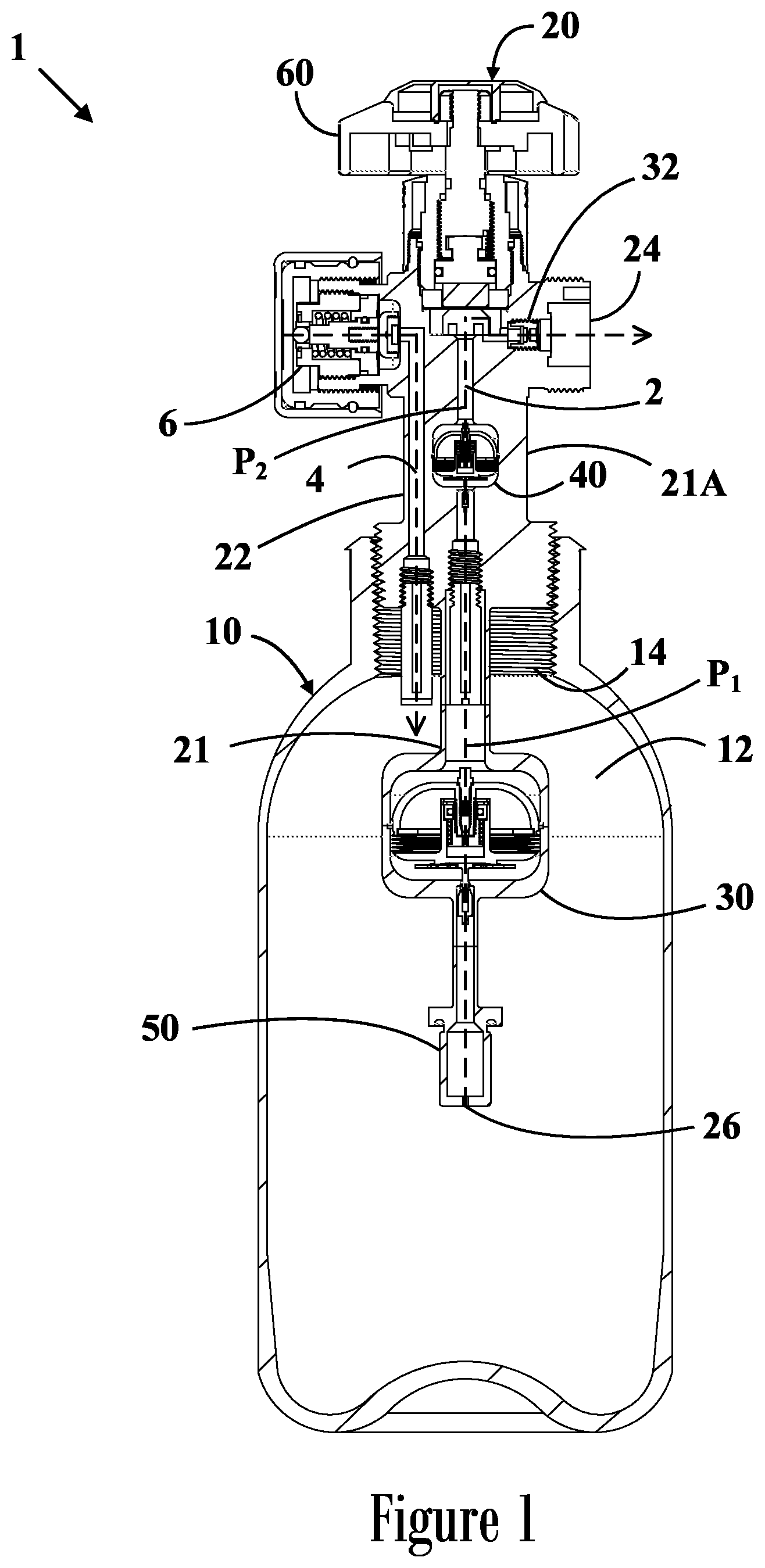 Patent US12422100 Figure 1 – Gas storage and dispensing container and a method of dispensing therefrom