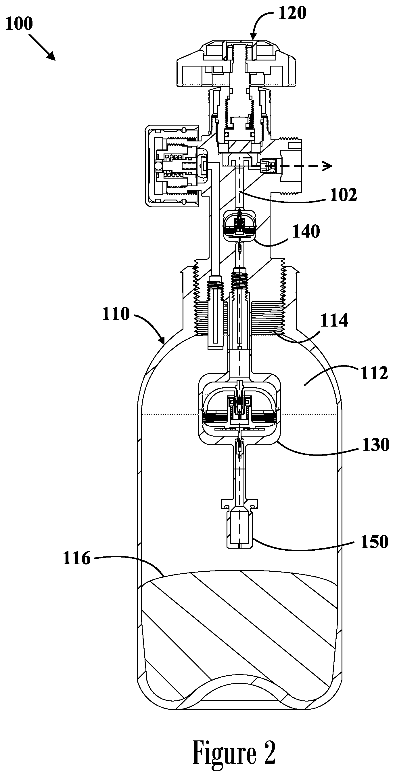 Patent US12422100 Figure 2 – Gas storage and dispensing container and a method of dispensing therefrom
