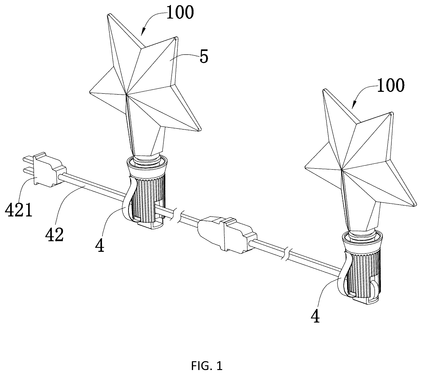 Patent US12422111 Figure 1 – Light string with replaceable decorative covers