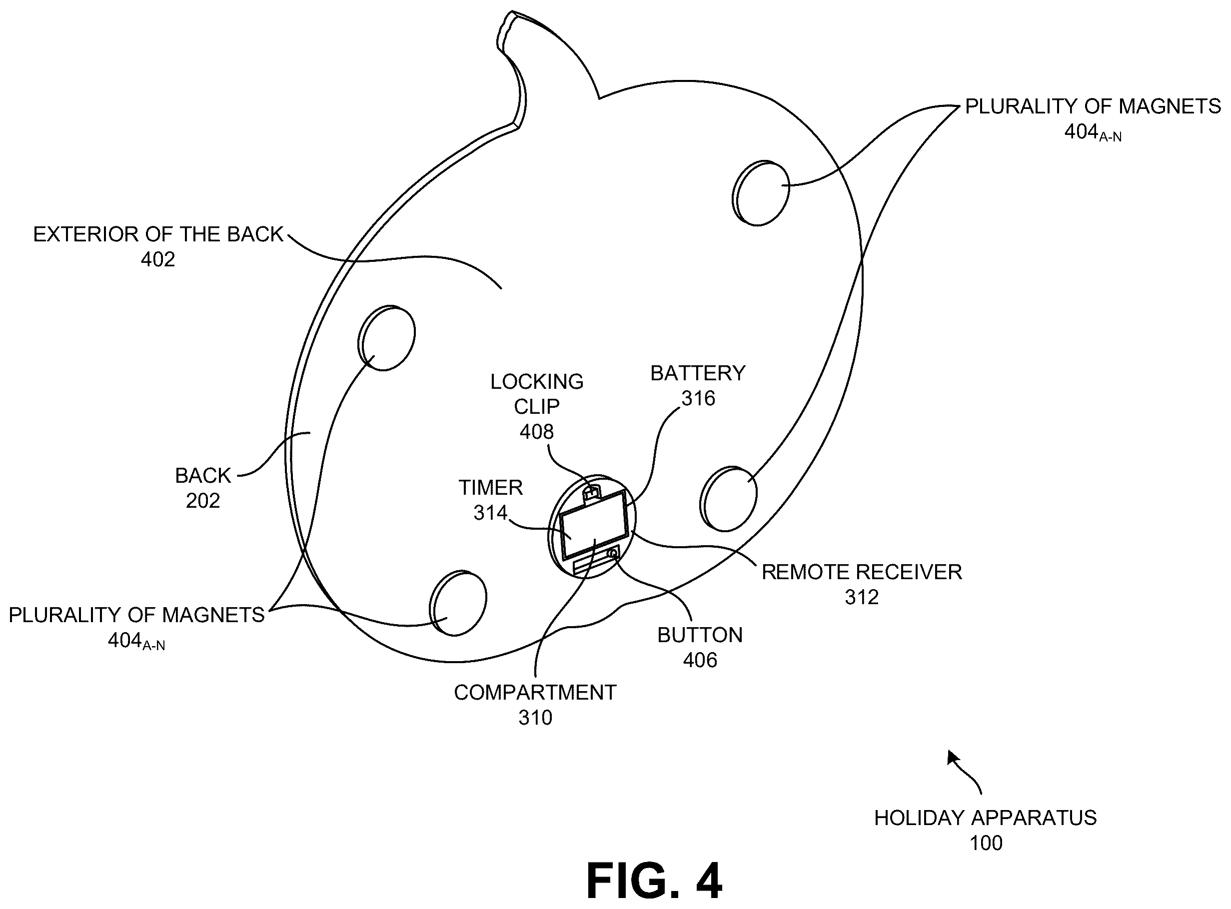 Patent US12422131 Figure 5 – Magnetically mounted decorative apparatus optimized to remain mounted on a metallic garage door and associated method of manufacture