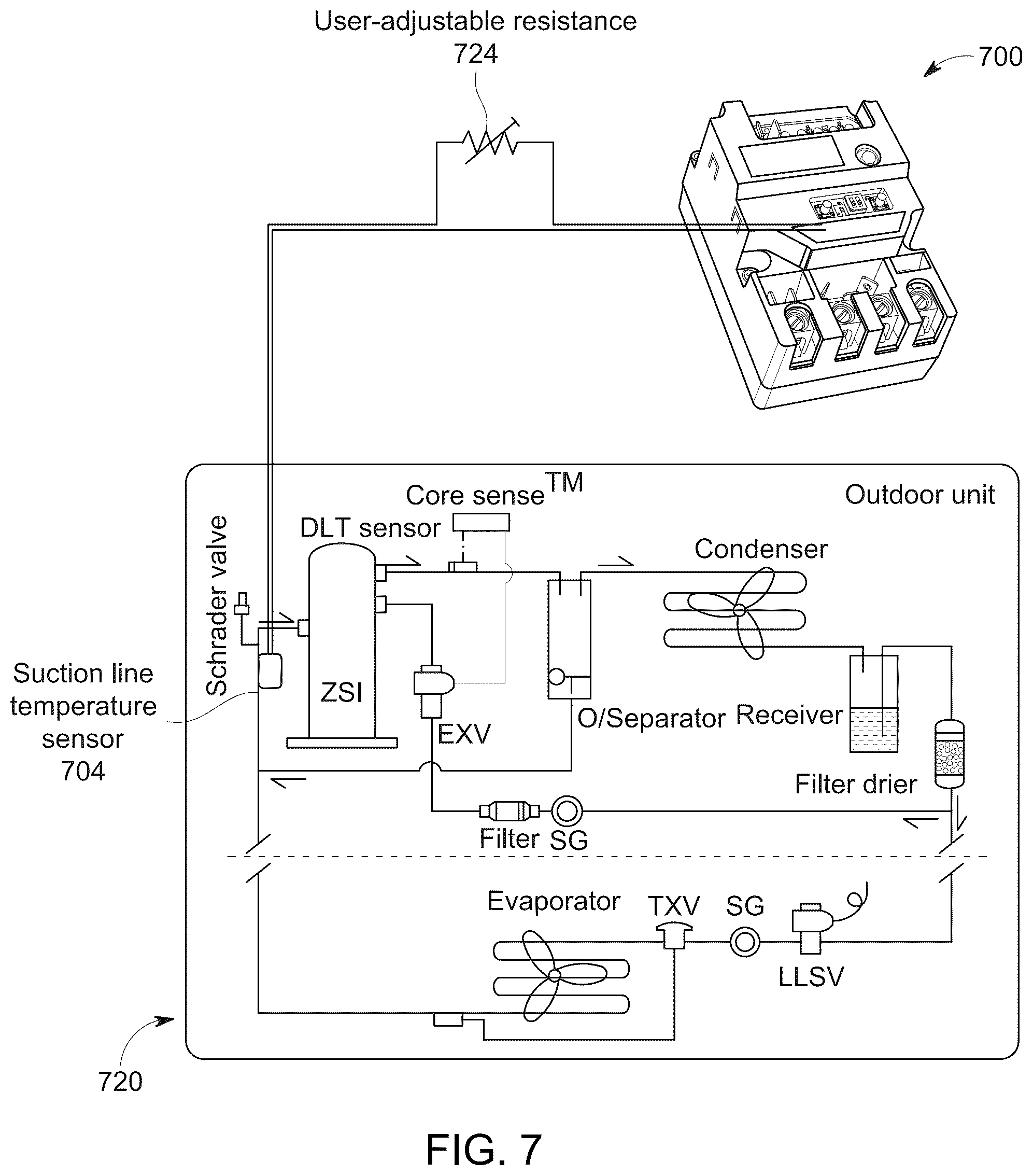 Patent US12422177 Figure 7 – Mitigating compressor liquid migration and/or floodback using suction temperature sensor and/or liquid level sensor