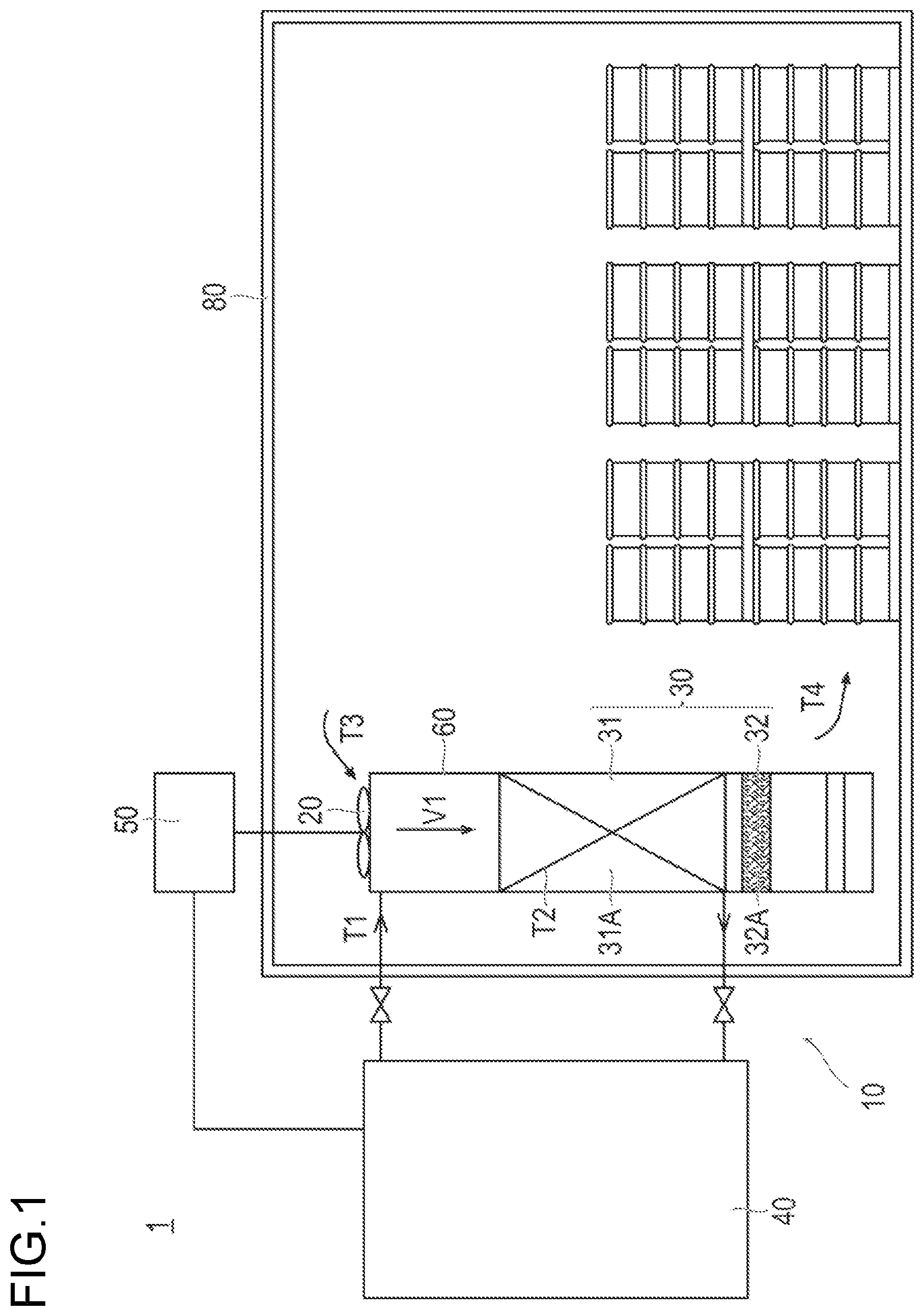 Patent US12422182 Figure 1 – Cooling device and cooling method including high humidity storage area and adjustable fan