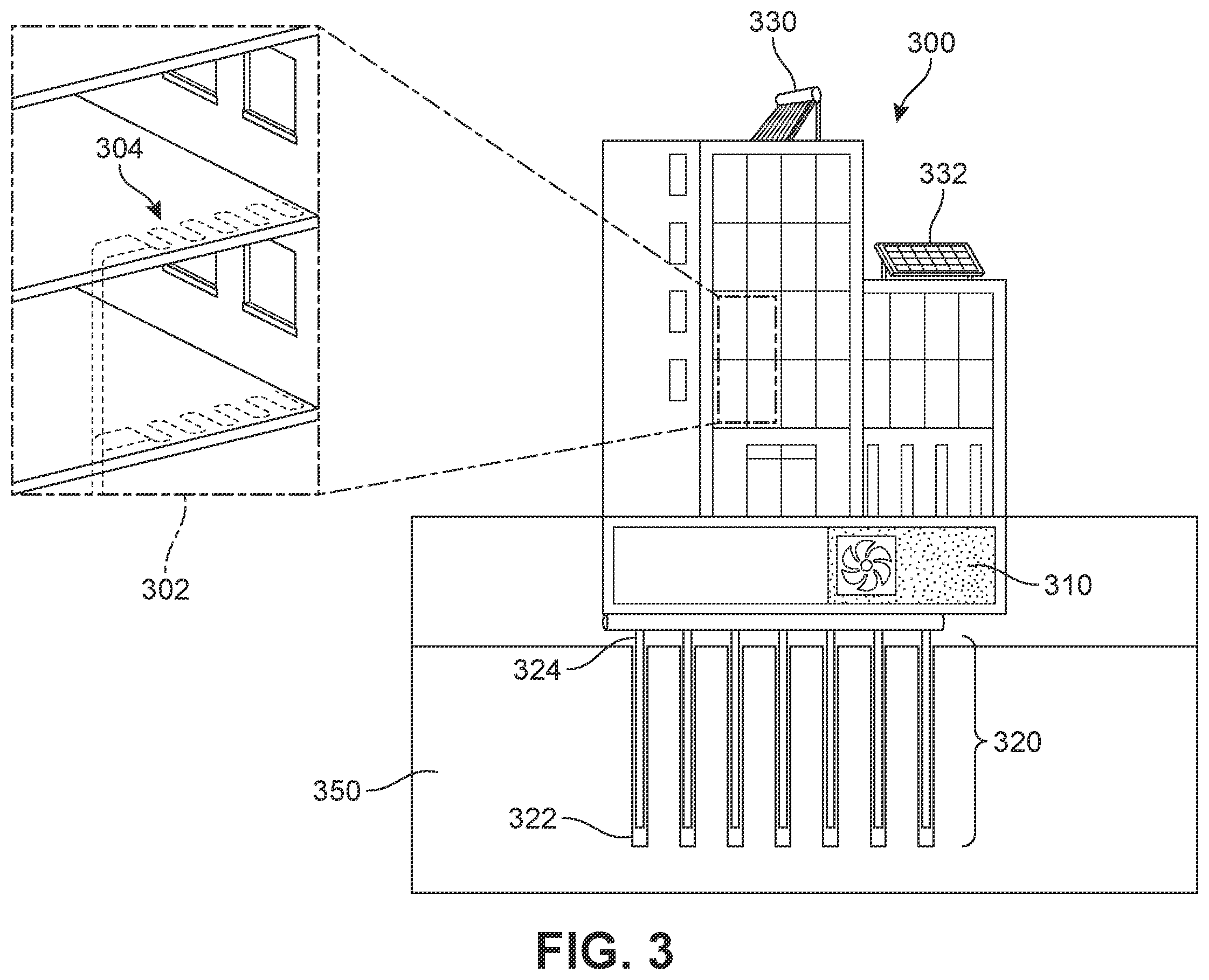 Patent US12422194 Figure 3 – Heating and cooling of buildings using underground heat storage with horizontal bores