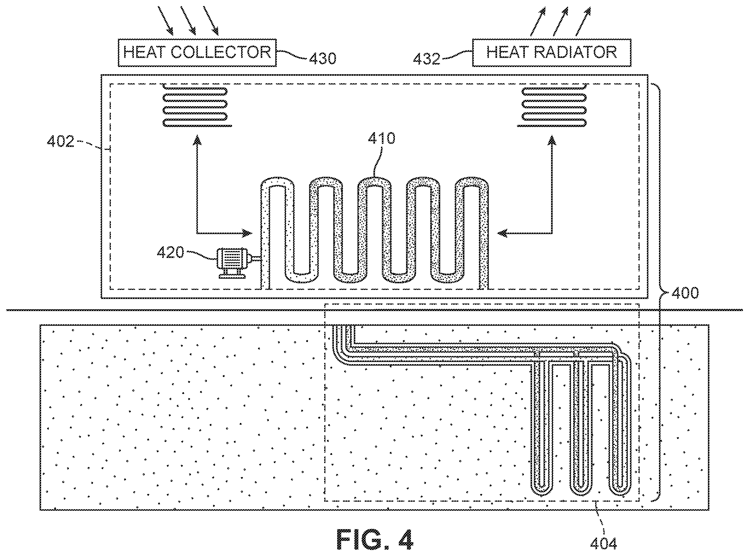 Patent US12422194 Figure 4 – Heating and cooling of buildings using underground heat storage with horizontal bores