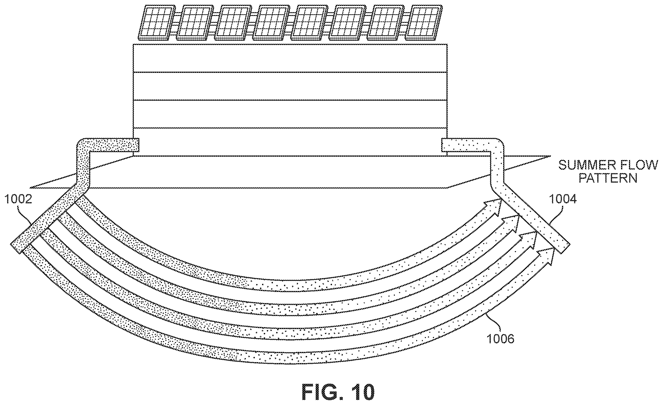 Patent US12422194 Figure 10 – Heating and cooling of buildings using underground heat storage with horizontal bores