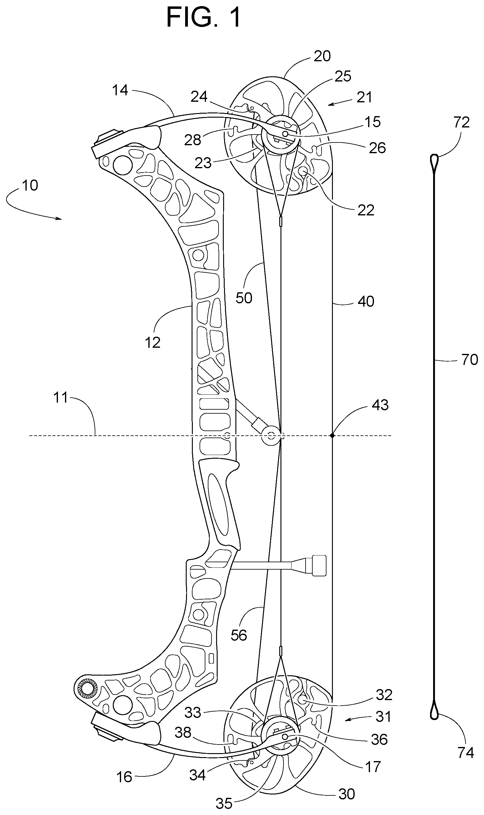 Patent US12422212 Figure 1 – Compound bow with cable change