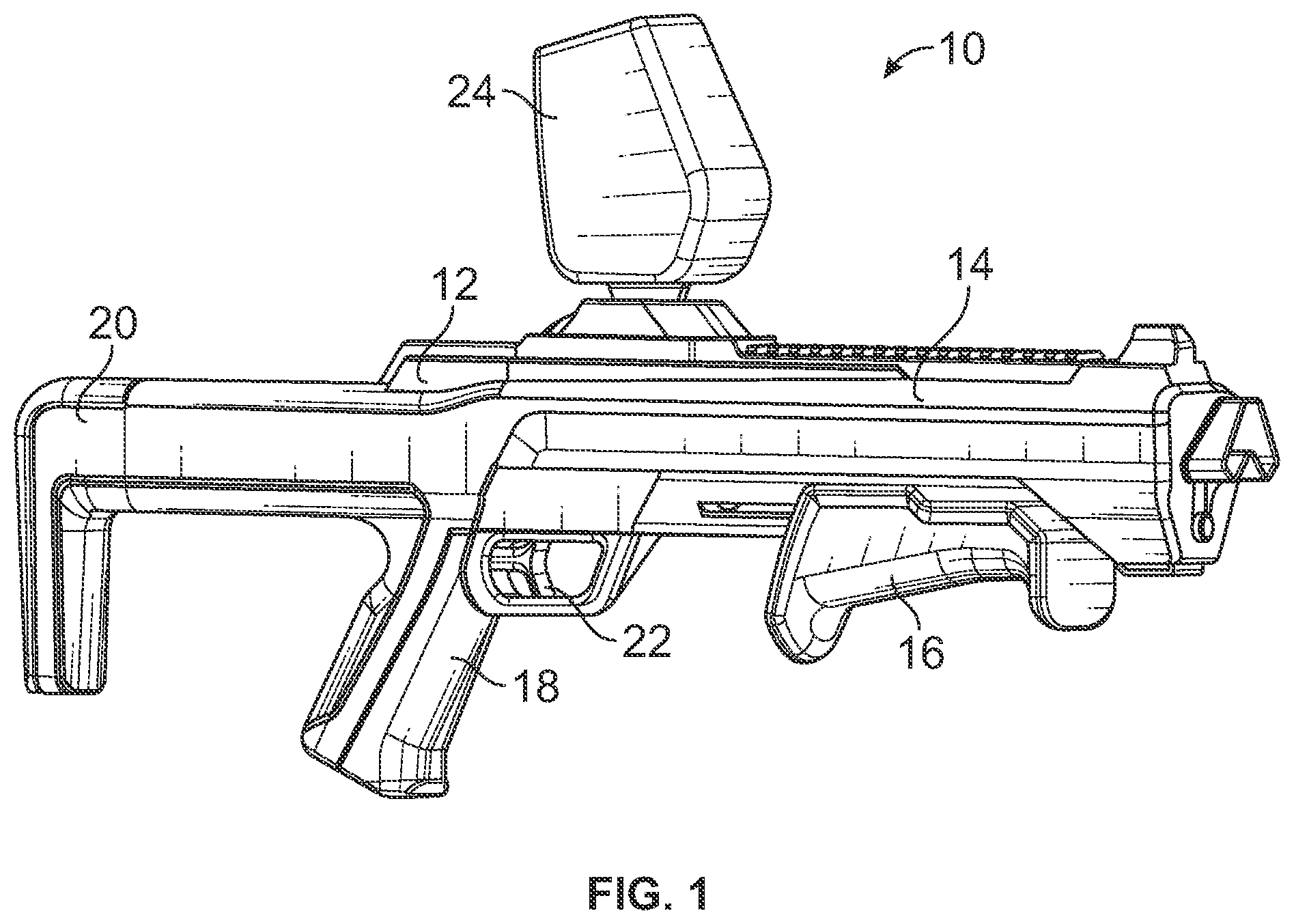 Patent US12422214 Figure 1 – Toy launching apparatus and methods for discharging multiple projectile rounds