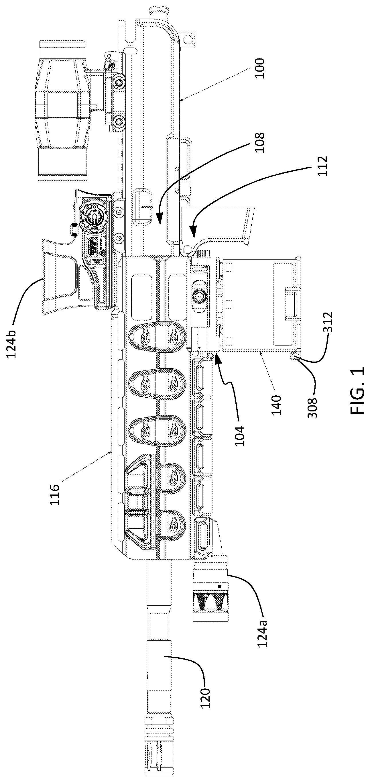 Patent US12422225 Figure 1 – Battery pack adapter assembly for powered weapon accessory rail interface