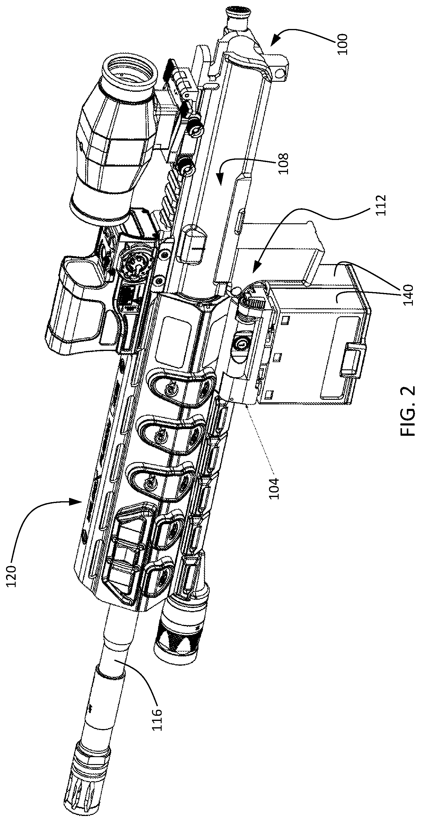 Patent US12422225 Figure 2 – Battery pack adapter assembly for powered weapon accessory rail interface