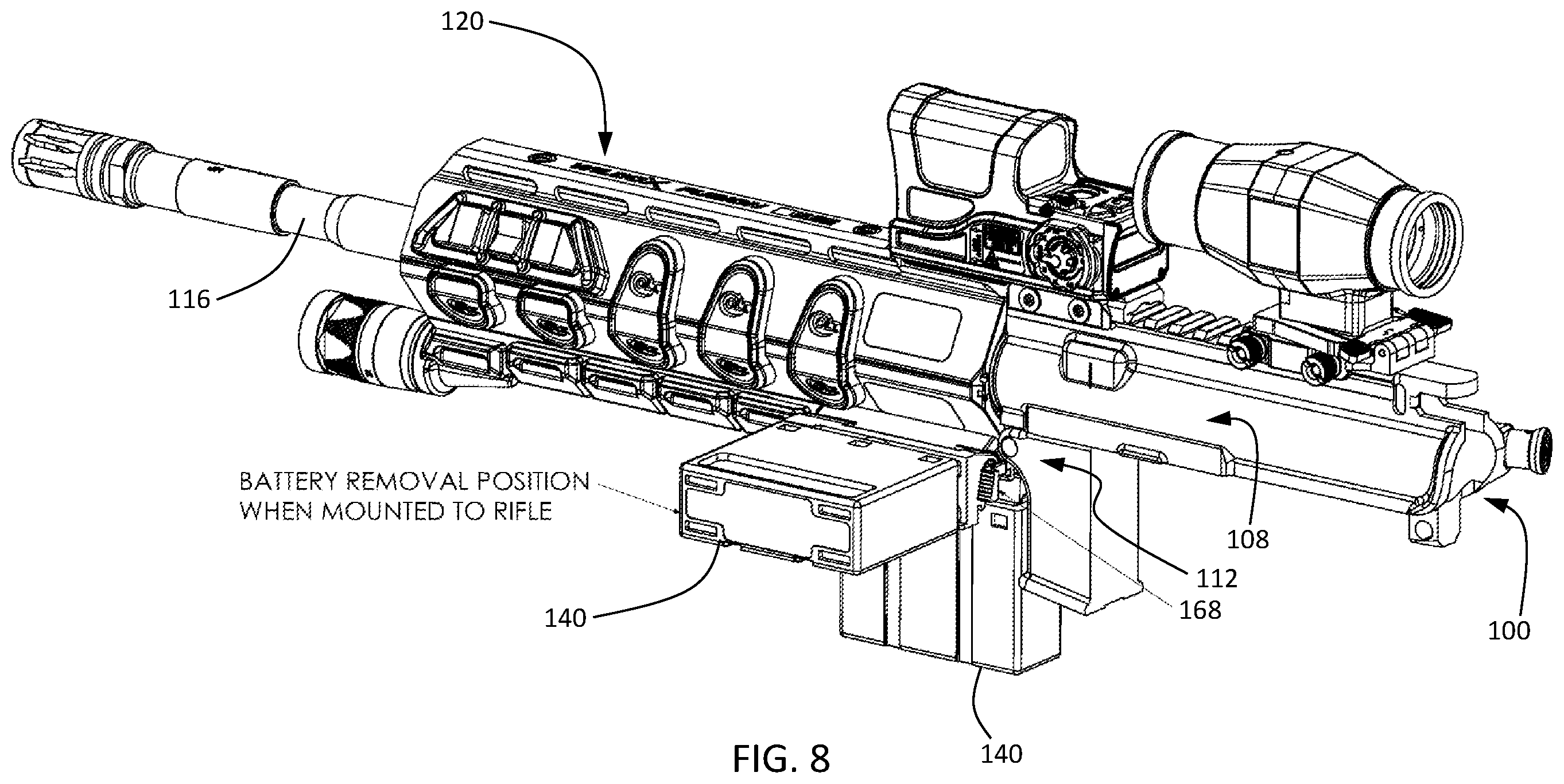 Patent US12422225 Figure 8 – Battery pack adapter assembly for powered weapon accessory rail interface