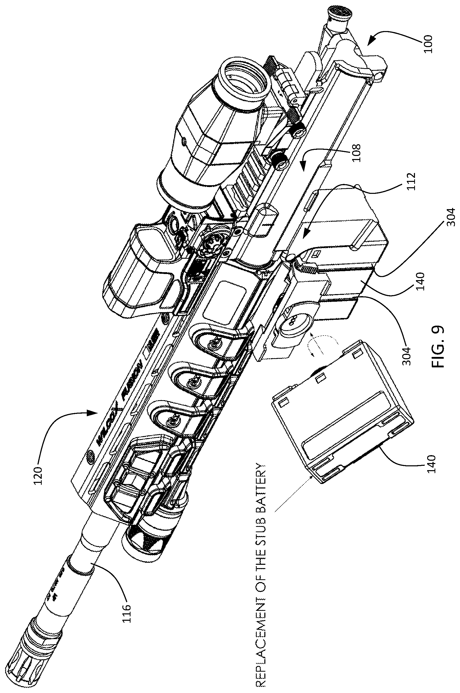 Patent US12422225 Figure 9 – Battery pack adapter assembly for powered weapon accessory rail interface