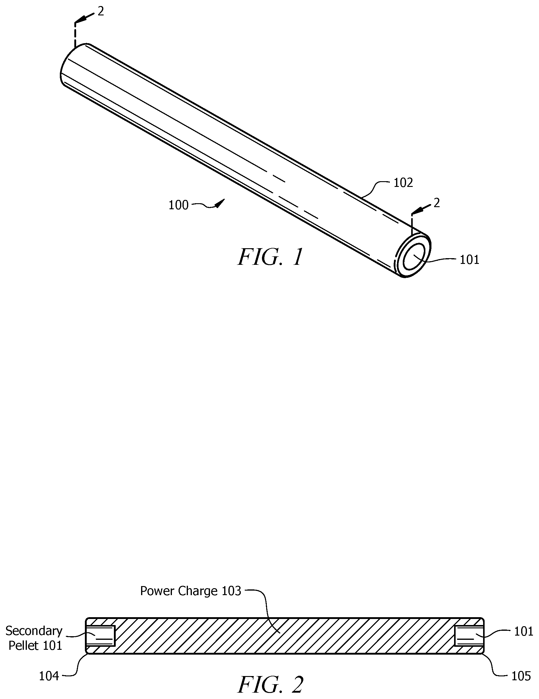 Patent US12422230 Figure 1 – Molded power charge with secondary pellet at each end