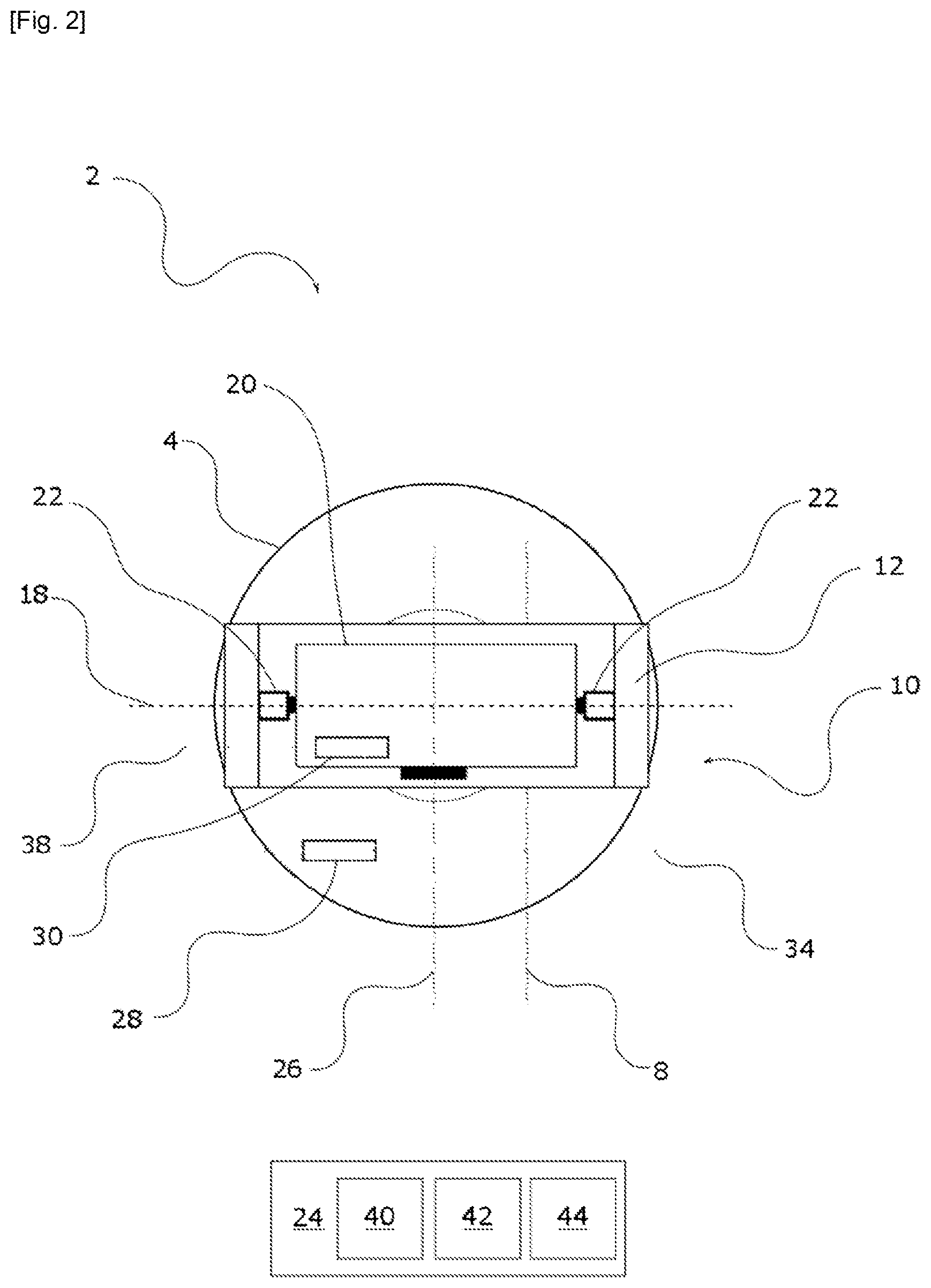 Patent US12422256 Figure 2 – Sighting system comprising a sighting device that can be oriented relative to a base, the system being capable of implementing a simple and rapid on-site calibration method